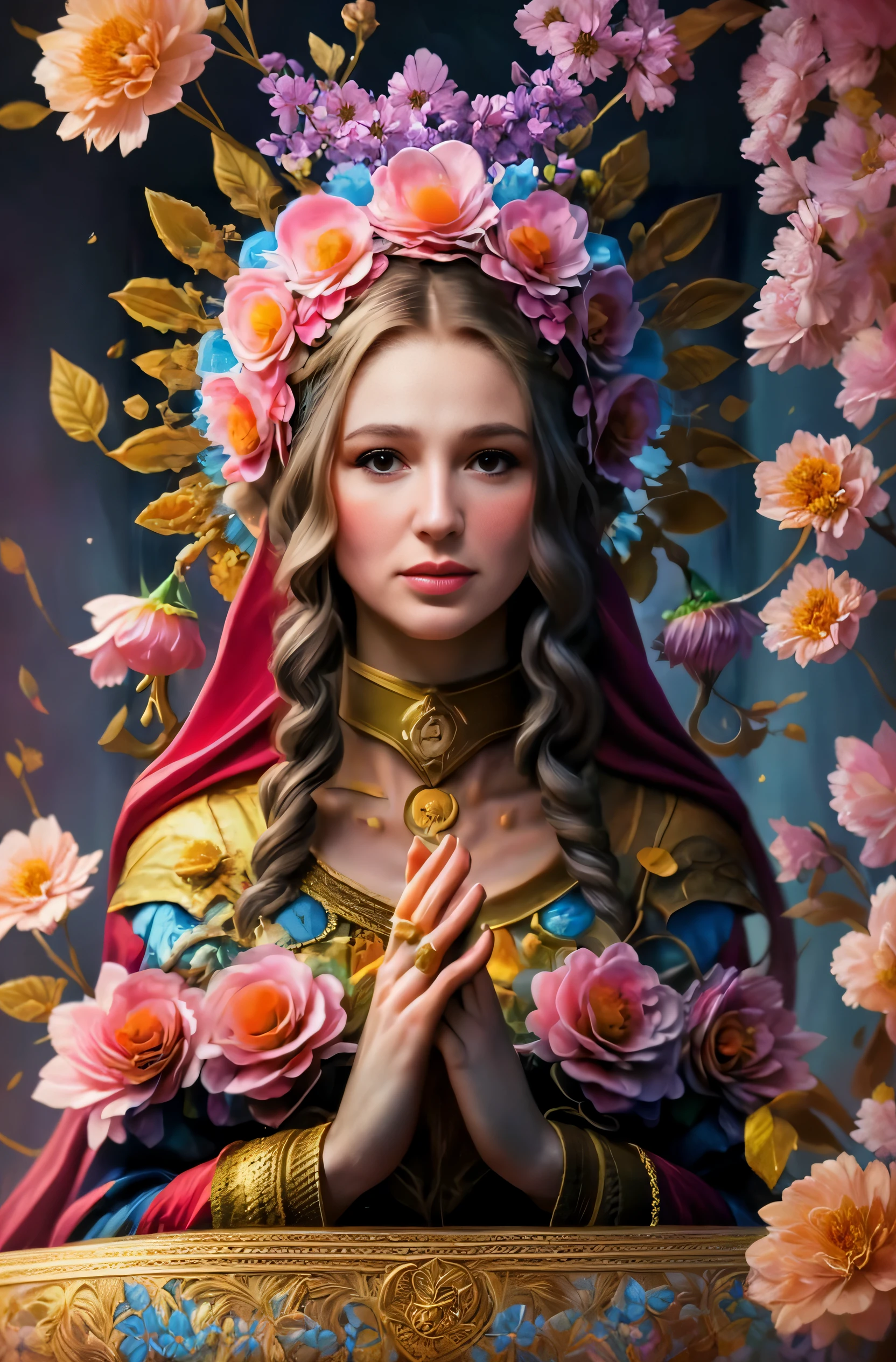 Picture of a woman with flowers in her hair, Flower Goddess, beautiful fantasy maiden, goddess close-up portrait, goddess portrait, portrait of a beautiful goddess, Beautiful Maiden, a goddess. extremely high details, wojtek fus, a stunning portrait of a goddess, beautiful character painting, fantasy art portrait, fantasy art behance, by Andrei Ryabushkin