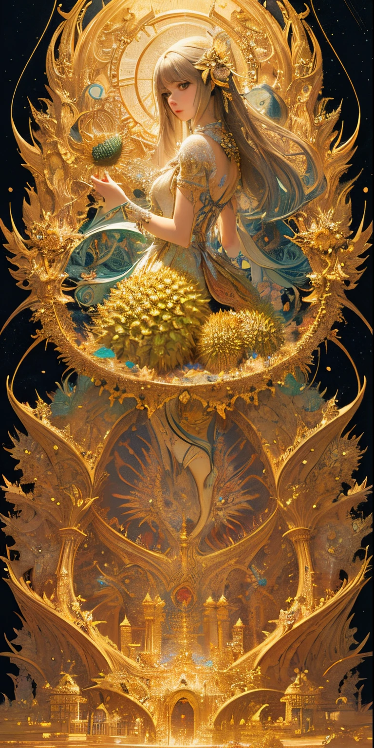 (masterpiece, top quality, best quality, official art, beautiful and aesthetic:1.2), (1girl), (hand holding durian), extreme detailed,(fractal art:1.3),colorful,highest detailed