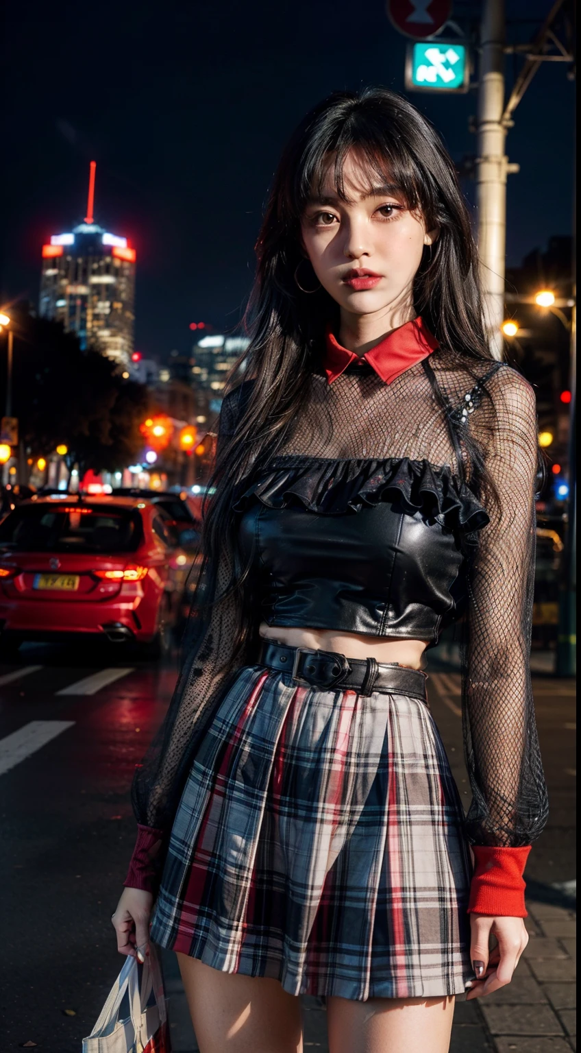 Y2k fashion, y2k outfit, vibrant night urban city scene, immersed in the vibrant atmosphere of a urban city. The urban city scene is alive, a lively urban city,  and people having fun because urban city, capturing the spirit of urban city, urban city, and self-expression that defined the cyberpunk culture, midshot, centered image, ultra detail, extremely face detail, extremely eye detail, red tartan and tulle mesh Raglan Racer Jersey Top combine with ribbon, red tartan skirt, beautiful belt, black long hair with bangs