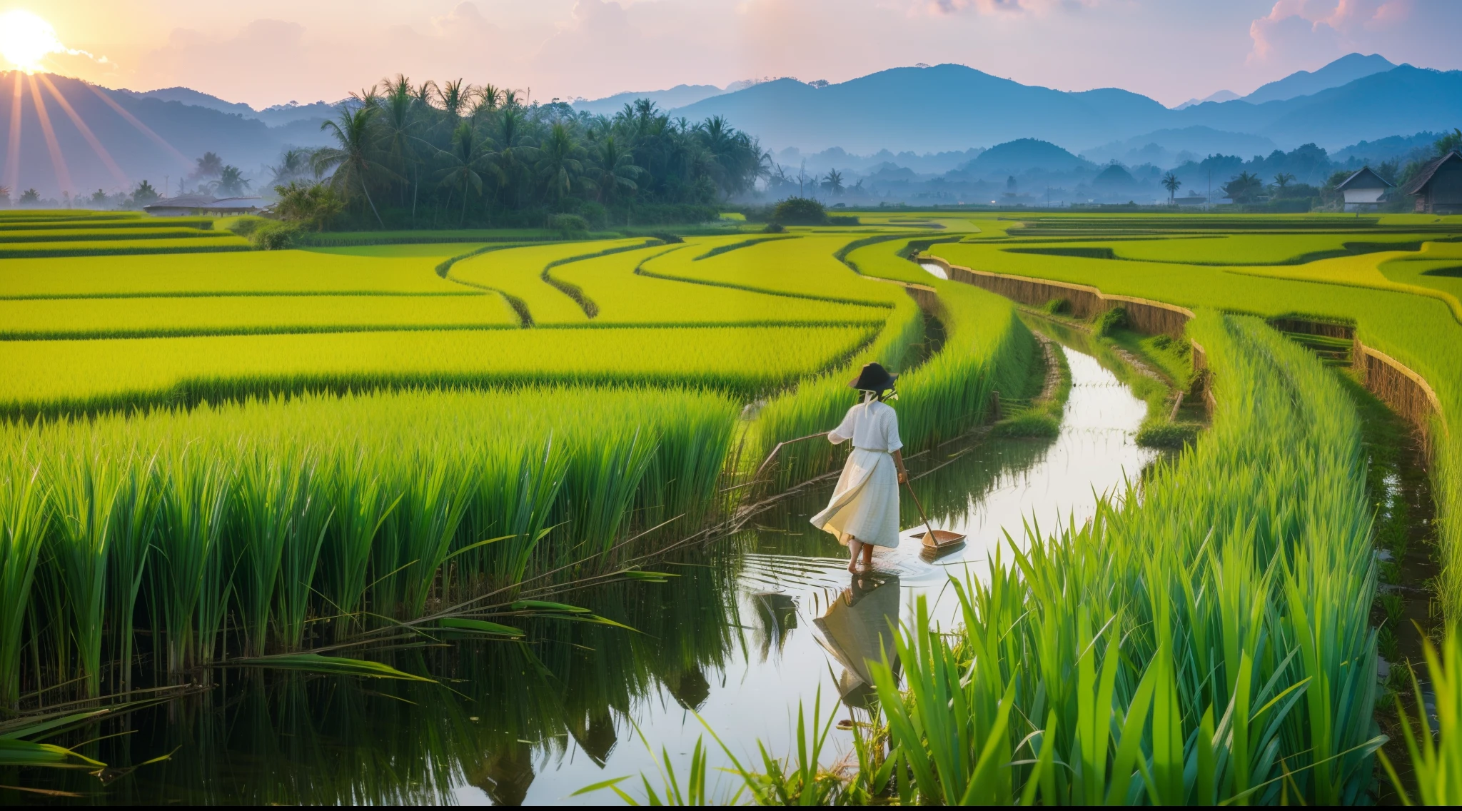 The scenery of the rice fields always gives people a sense of calm and spaciousness, as if soothing the softness of the depths of the soul. On an early morning, the breeze blows and the ears of rice in the rice fields glow golden yellow in the sun, which is a beautiful start.
The ears of rice in the rice fields rise high and sway in the wind, like patches of golden ocean, choppy waves. Under the sunlight, the rice ears feel as dazzling as gold, giving off an intoxicating aroma that makes people feel incomparably beautiful.
In the rice fields, countless farmers are busy working, walking around the fields with hoes, shovels or large baskets on their backs. They worked hard, sweat rolling down their foreheads, stirring up circles of ripples.
There is a small stream in the rice field, the water is clear and transparent, the water is gurgling, quiet and wonderful. By the stream, the lush reeds and weeping willows gently sway, seemingly bringing a sense of vitality and vitality to the stream.
As the sun sets, the ears of rice in the rice fields keep rubbing with the evening breeze, making a rustling sound. In this calm atmosphere, the birds in the rice fields sing nocturnes and the calls of cicadas are heard, giving a sense of tranquility.
As night falls, the scene in the rice fields becomes even more beautiful. In the darkness, the ears of rice stand in the wind, like patches of black ocean, exuding a mysterious aura. In the middle of the rice field, the lights of the farm flicker among the ears of rice, creating a romantic atmosphere for the entire rice field.
In short, the scenery of the rice fields is always full of vitality and beauty of life. Here, you can feel the gift of nature and the essence of life, which makes people feel