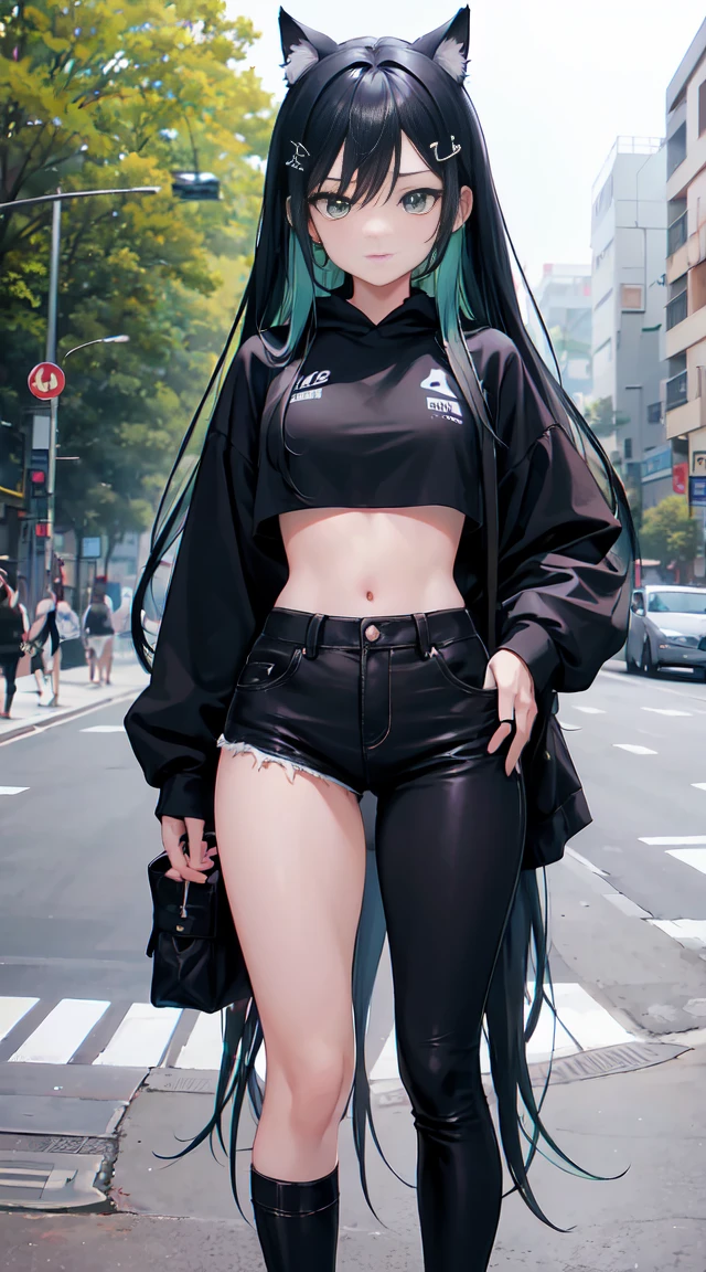tits out、, 1girl in, Young Girl, Anime style, skinny body, Anime young girl wearing crop top black hoodie, Skinny Jeans Pants, blue long hair with hair clip, Green eye color, Posed photos of her cute poses, Straight down the street of the tower, Anime Art Wallpapers, Detailed, 8K, High quality