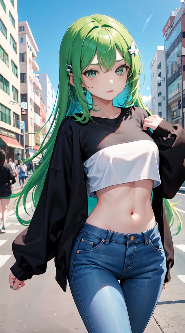 tits out、, 1girl in, Young Girl, Anime style, skinny body, Anime young girl wearing crop top black hoodie, Skinny Jeans Pants, blue long hair with hair clip, Green eye color, Posed photos of her cute poses, Straight down the street of the tower, Anime Art Wallpapers, Detailed, 8K, High quality