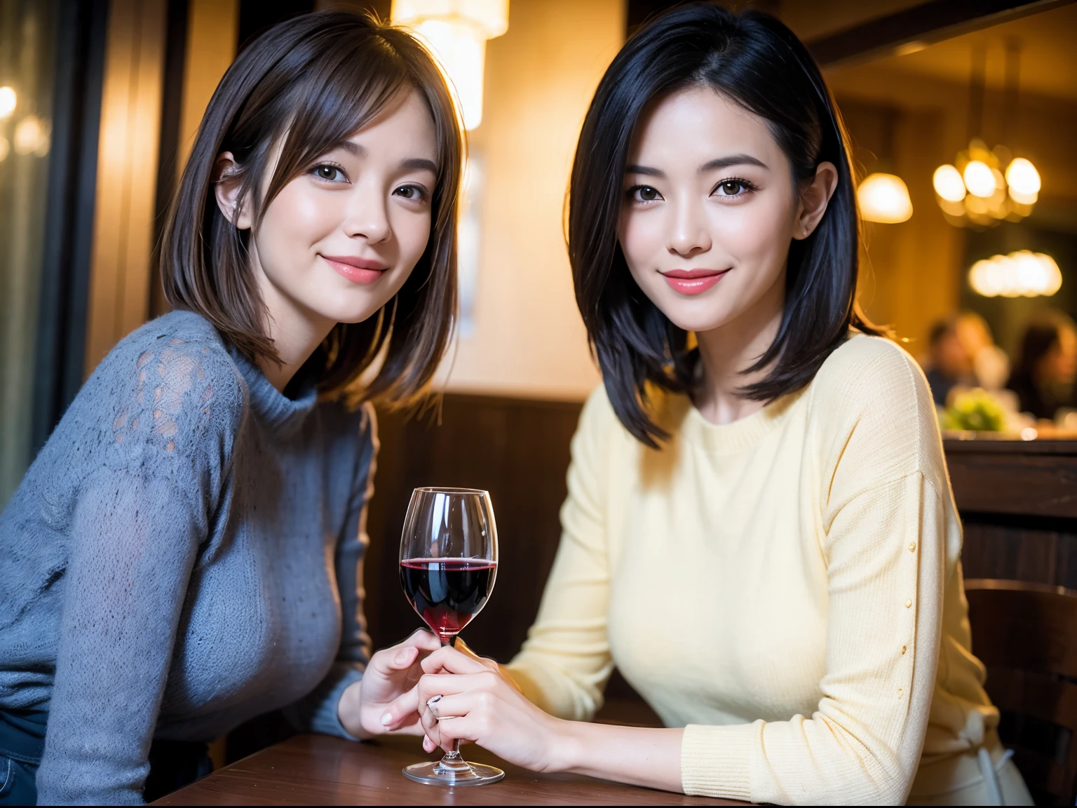 (64k uhd、nffsw、top-quality、masterpiece:1.2)、(realisitic、Photorealsitic:1.37)、ultra-detailliert、wine glasses、enjoying a glass of wine、a matural female、Two cute women、(Slim Faces)、(Slim body)、(brawn hair)、(short-cut)、smiling french woman、happy italian girl、British woman、Americana、blush a little on the cheeks、(38 years)、42 year old、red wine、Beautiful detailed urban night view outside the window、resturant、Wine glasses in a prominent place、natta、(from waist up)、sitting on、date、(A smile:1.15)、Beautiful fine eyes、bustup、Cashmere sweater、long-sleeved dresses、japanes、(short-hair:1.2)、Float NovaFrogStyle、女優、modeled、from waist up、white wine、Slimed、wine glasses、Super beautiful night view、Put the wine glass in the middle、Happy smile、(8K、Raw photography、top-quality、masterpiece:1.2)、(realisitic、Photorealsitic:1.37)、ultra-detailliert、超A high resolution、2 females、see the beholder、beautifull detailed face、A smile、Constriction、(Slim waist) :1.3)、knit shirt、Beautiful detailed skin、Skin Texture、floated hair、profetional lighting、middlebreasts、eyes gentle