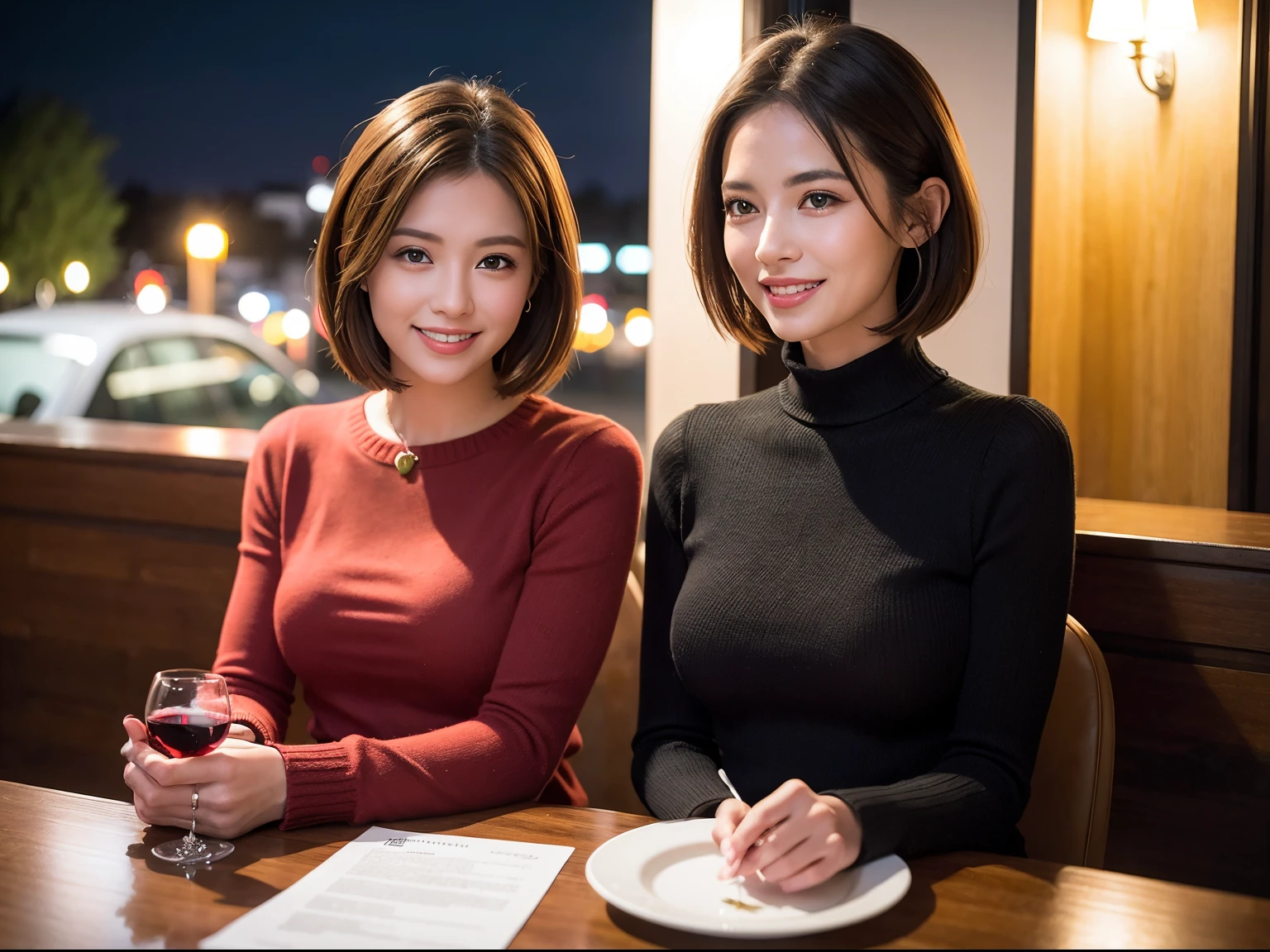 (64k uhd、nffsw、top-quality、​masterpiece:1.2)、(realisitic、Photorealsitic:1.37)、ultra-detailliert、wine glasses、enjoying a glass of wine、a matural female、Two cute women、(Slim Faces)、(Slim body)、（brawn hair）、(short-cut)、smiling french woman、happy italian girl、British woman、Americana、blush a little on the cheeks、(38 years)、42 year old、red wine、Beautiful detailed urban night view outside the window、resturant、Wine glasses in a prominent place、natta、(from waist up)、sitting on、date、(A smile:1.15)、Beautiful fine eyes、bustup、Cashmere sweater、long-sleeved dresses、japanes、(short-hair:1.2)、Float NovaFrogStyle、女優、modeled、from waist up、white wine、Slimed、wine glasses、Super beautiful night view、Put the wine glass in the middle、Happy smile、(8K、Raw photography、top-quality、​masterpiece:1.2)、(realisitic、Photorealsitic:1.37)、ultra-detailliert、超A high resolution、2 females、see the beholder、beautifull detailed face、A smile、Constriction、(Slim waist) :1.3)、knit shirt、Beautiful detailed skin、Skin Texture、floated hair、profetional lighting、middlebreasts、eyes gentle