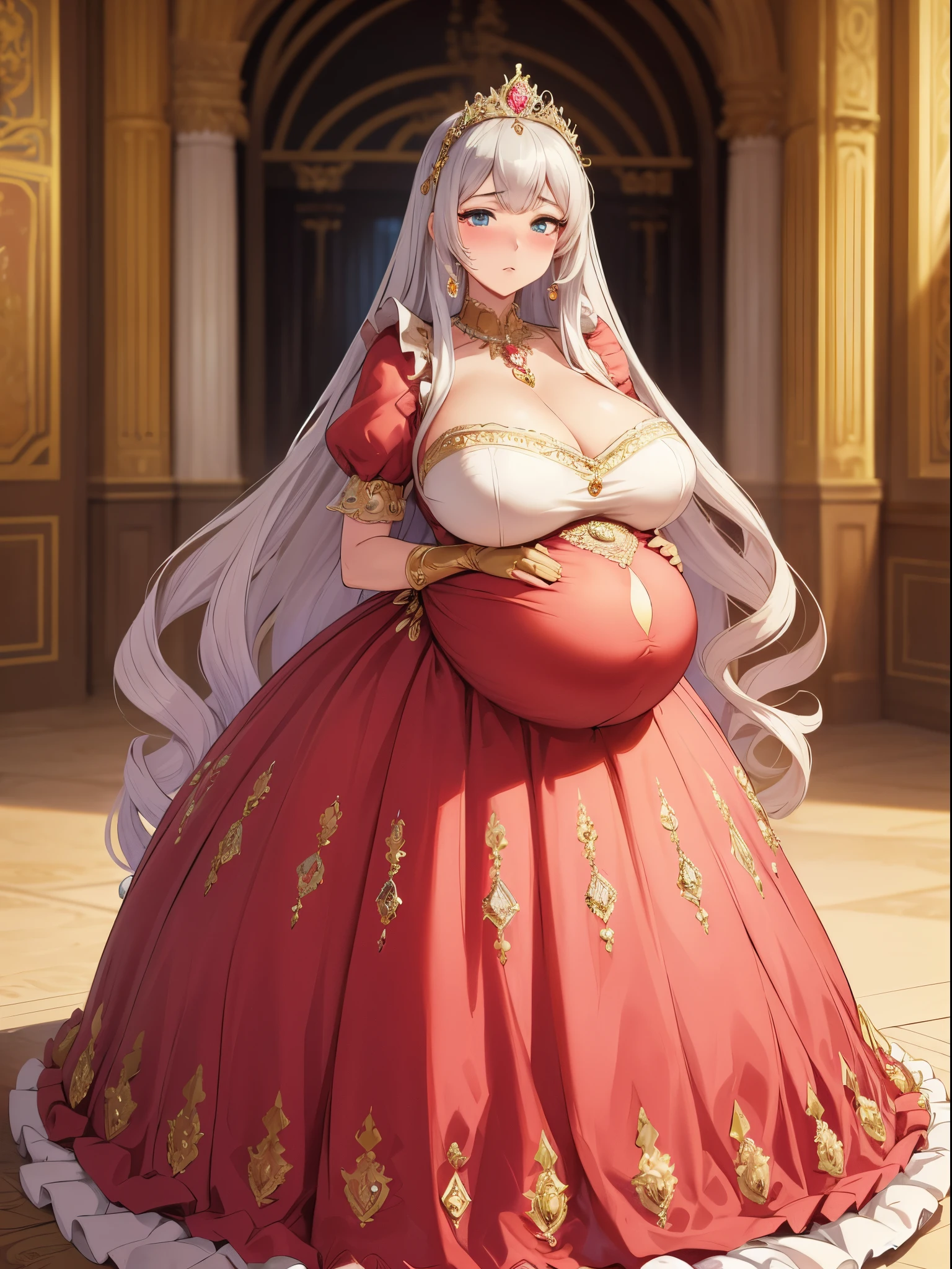 ultra-detailed, extremely detailed,((anime artstyle)),Masterpiece,(Best Quality),(Super Detail),(Very Delicate and Beautiful),((Solo)),(((full body))),full body,((detailed face and eyes)),perfect eyes, rendered eyes,jewel-like beautiful eyes,((embarrassed,blush)),((1 pregnant queen in beautiful embroidery and jeweled gorgeous rococo ballgown with voluminous full length hoop skirt)),(((heavily pregnant))),((Crinoline,luxurious ruffles)),beautiful embroidery and jeweled gorgeous rococo ballgown with voluminous full length hoop skirt,(large amount of straight hair,extremely voluminous Very Long straight Hair,Absolutely Long Straight Hair),(((very gigantic boobs))),skindentation,Bursting breasts,cleavage,((fantasy castle,luxury palace)),long_gloves,extremely gorgeousfull jeweled hair ornament,(bling-bling extremely gorgeousfull jeweled tiara),(luxurious jewelry),full body,beautiful embroidery and jeweled gorgeous rococo princess ballgown with voluminous full length hoop skirt