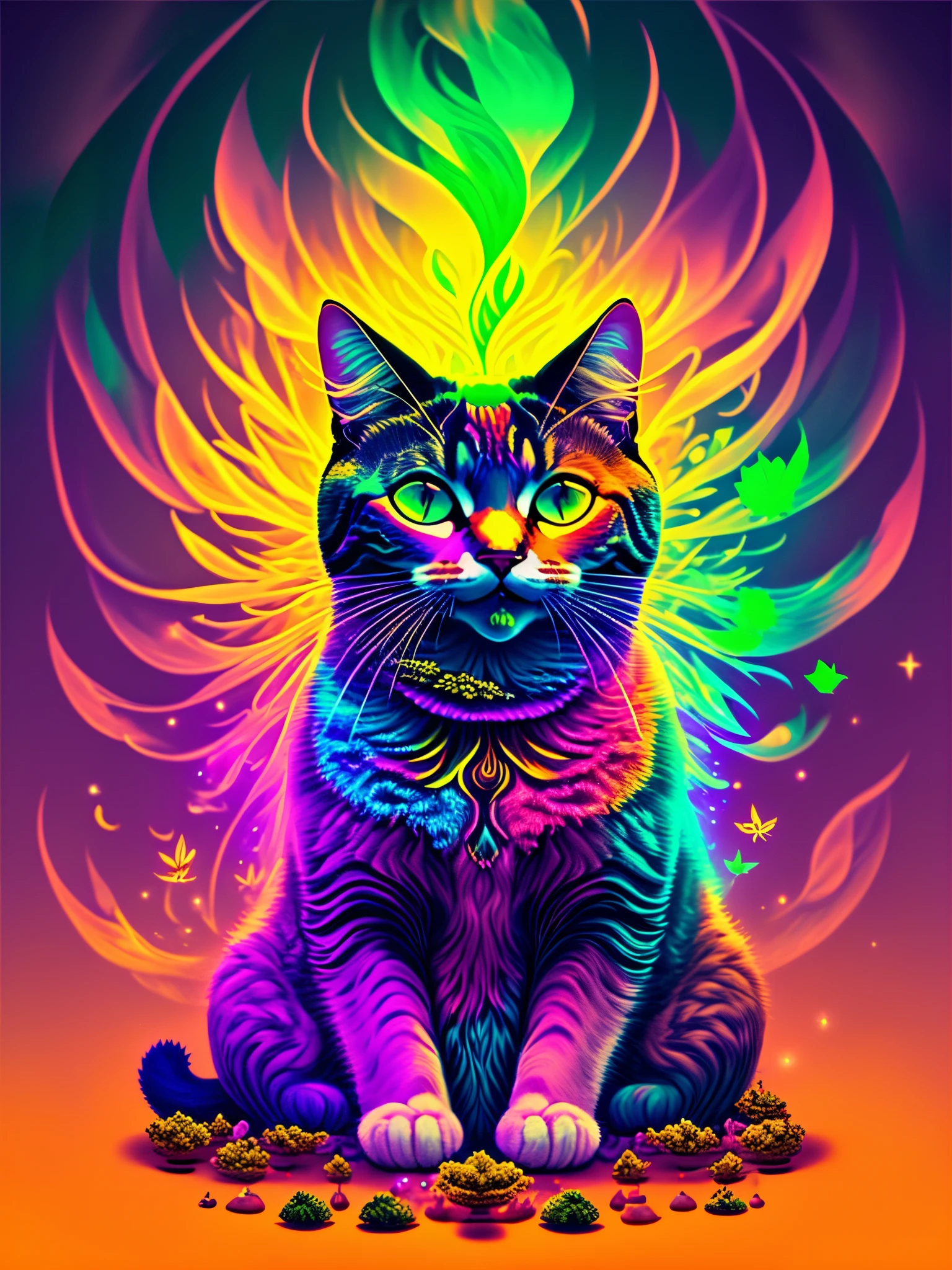 trippy and colorful life after death metaphysical experience with light and a very happy cat surrounded by marijuana