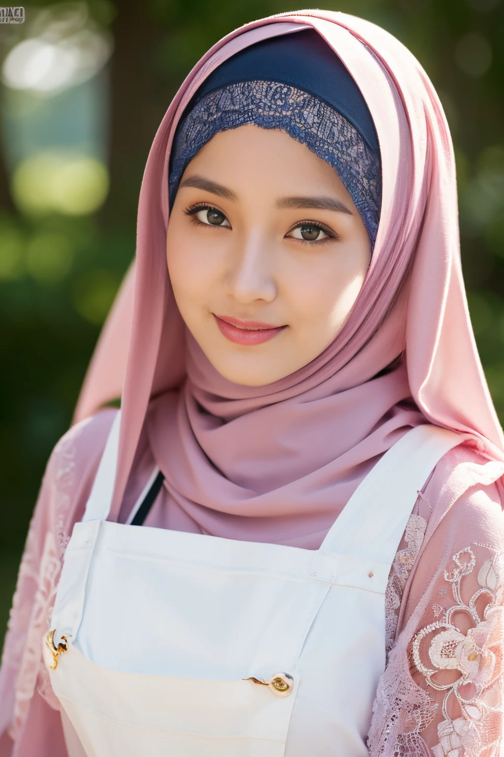 top-quality,Beautiful detailed hijabi,Bewitching face,mongol model,long lashes,Wearing a colorful (naked_apron),Hide your mouth with a lace cloth,Detailed details,Colossal tits,sideboobs,stares at the camera