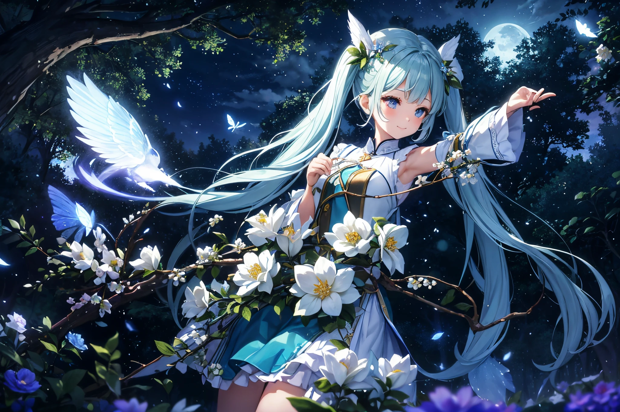 Dynamic Angle、 within a magical forest, a mystical fairy girl emerges, Light blue long hair、Hairstyle is Twintails、adorable smiling、Moonlight twinkle,  flower bloom、A big pure white owl is flying、、The tree々While flapping its wings in the sparkling fireflies, Many beautiful flowers are blooming、fantastic landscape、A sky full of stars twinkles、 Creating a field where dreams and reality intersect，