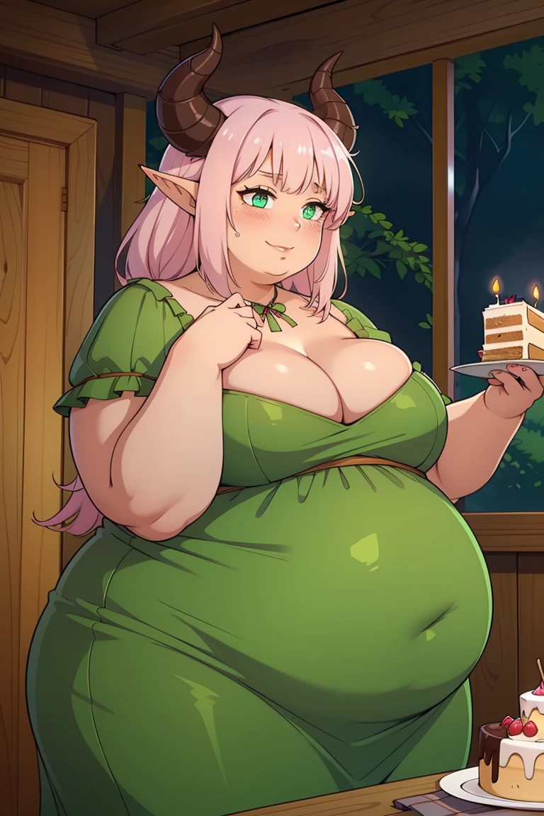 Masterpiece, high quality, best quality, beautiful, HD, perfect lighting, detailed face, detailed body, ((1girl)), ((solo)), small breasts, cleavage, long hair, colored skin, horns, pointy ears, tiefling, light pink hair, green eyes, shily smiling, blushing, tavern dress, green tavern dress, she's in a tavern, a bit dark, candles glowing, stuffed_belly, tight dress, her dress is tight on her waist, very petite chest, small boobs, green clothing, she's eating cake, her face is covered by cake, there is a bit of cake on her cleavage, ((double_chin)), scrumb on cleavage and face