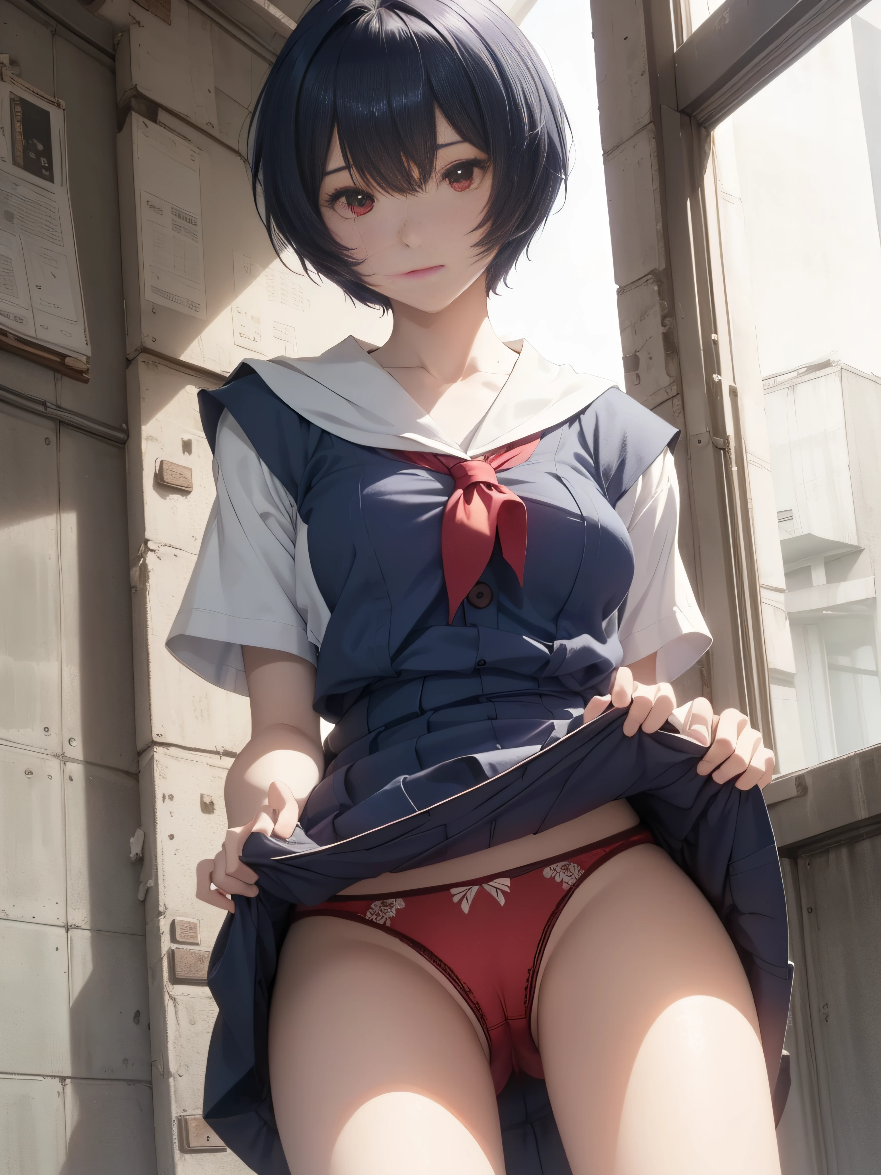 (masutepiece, Best Quality, Ultra-detailed, 8K, Wallpaper, Photorealistic), ((Perfect hands)), ((Perfect Anatomy)), concrete abandoned building、medium cleavage, ((Attractive anime 1 girl)), ((Rei Ayanami)), (( The dense indigo short hair is impressive)),clean detailed faces、Look at viewers、 ((Bright red eyes)),(( school uniform:1.0))、(redPanties:1.5), ((medium shot,)), Kamimei、sitted、Spread your legs apart、Lifting the hem of the skirt