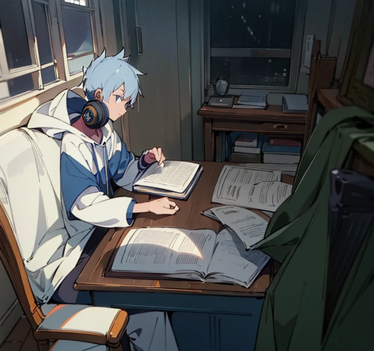 a boy with navy blue hoddie , white hair , and fair face, and headphones on his ears studying seriously on a desk with a laptop , coffee , book ,and a plie of book on his desk with a pen in his hand sitting on a chair looking Downwards towards the book with a window and dark outside with a view of buildings and