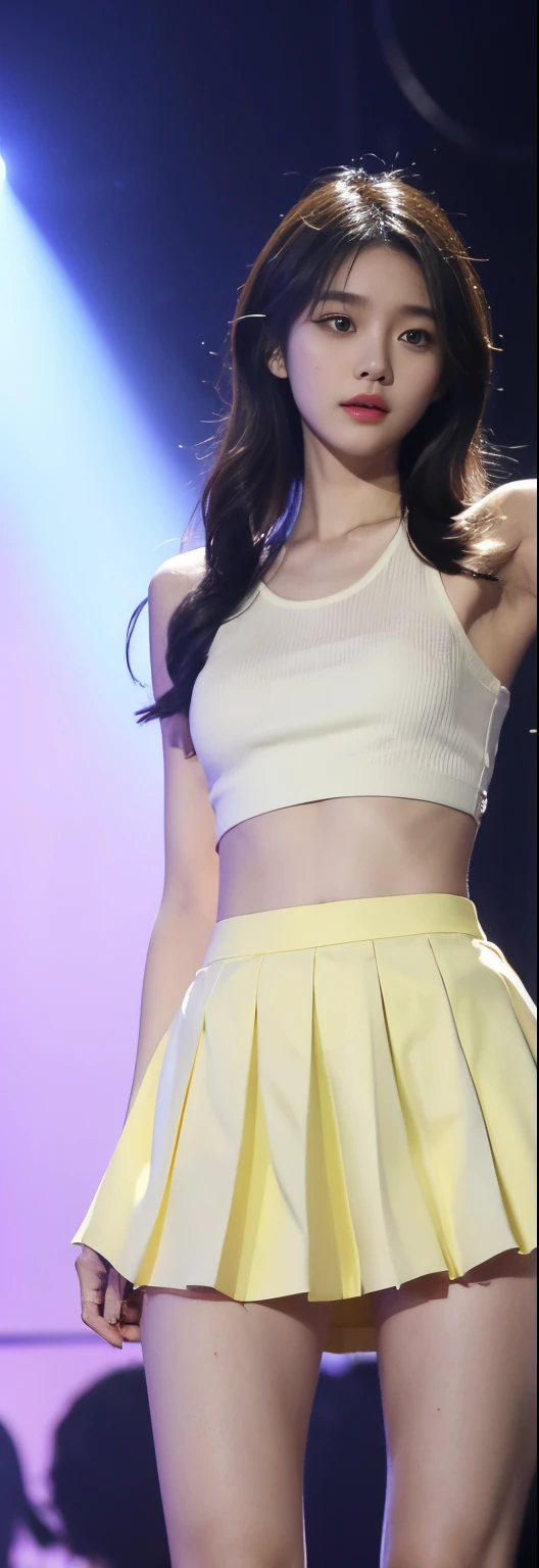 (Photorealistic),(Masterpiece),(ultra-detailed),a very pretty tall but very malnourished and feeble and almost skin and bones,have absolutely no fat,extremely small head,extremely thin and slim thighs and legs thinner than sticks,wearing a loose skirt and a tank top,171cm and 37kg,performing on a stage,20 year old idol member girl, has eaten almost nothing for a month due to how busy she is, somehow staying bright despite being extremely exhausted and hungry, feels like she could faint instantly but stays bright for her fans