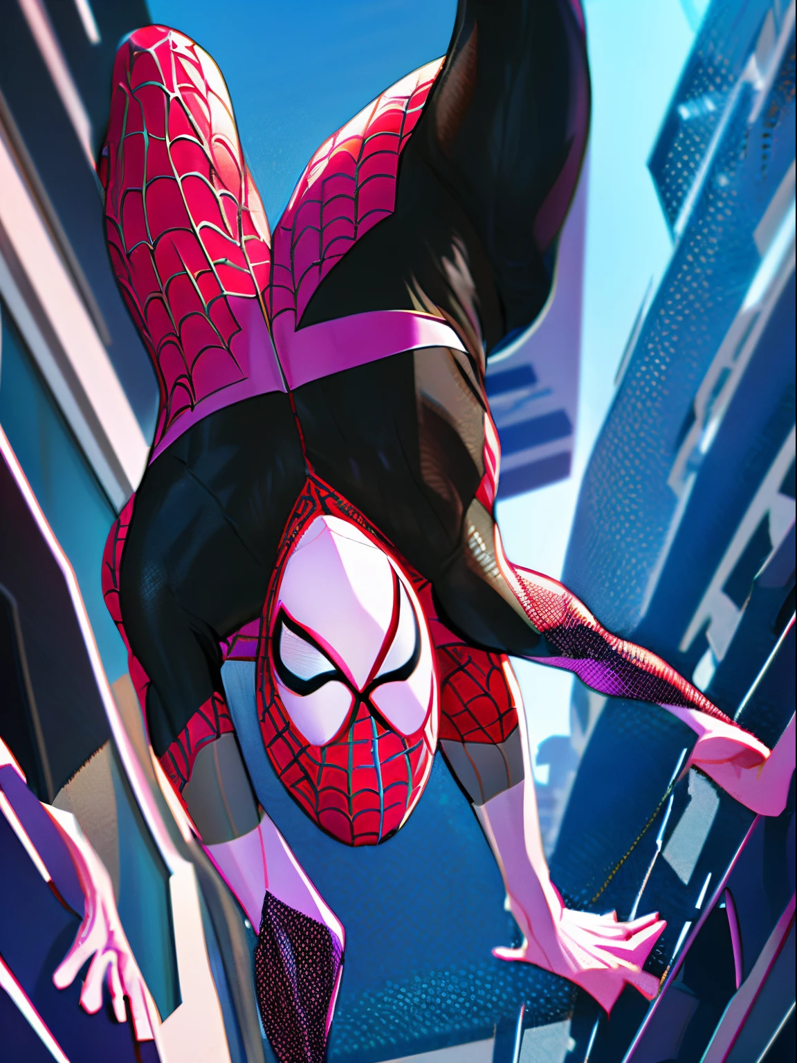 spider - man and the sinister spider - woman, spider - gwen, spider-gwen, ( ( spiderwoman ) ), spider woman, spiderverse, spider - verse art style, gwen stacy, textless, spider gwen, miles morales, into the spider verse, into the spiderverse, artgerm and ilya kuvshinov, marvelous, spiderwoman!!A girl with long black hair that wavy on the bottom, wearing a purple and black spiderman outfit with a purple hoodie and four piercings in each ear.