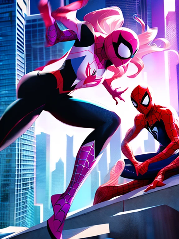 spider - man and the sinister spider - woman, spider - gwen, spider-gwen, ( ( spiderwoman ) ), spider woman, spiderverse, spider - verse art style, gwen stacy, textless, spider gwen, miles morales, into the spider verse, into the spiderverse, artgerm and ilya kuvshinov, marvelous, spiderwoman!!A  girl with long black hair that  wavy on the bottom, wearing a purple and black spiderman outfit with a purple hoodie and four piercings in each ear.