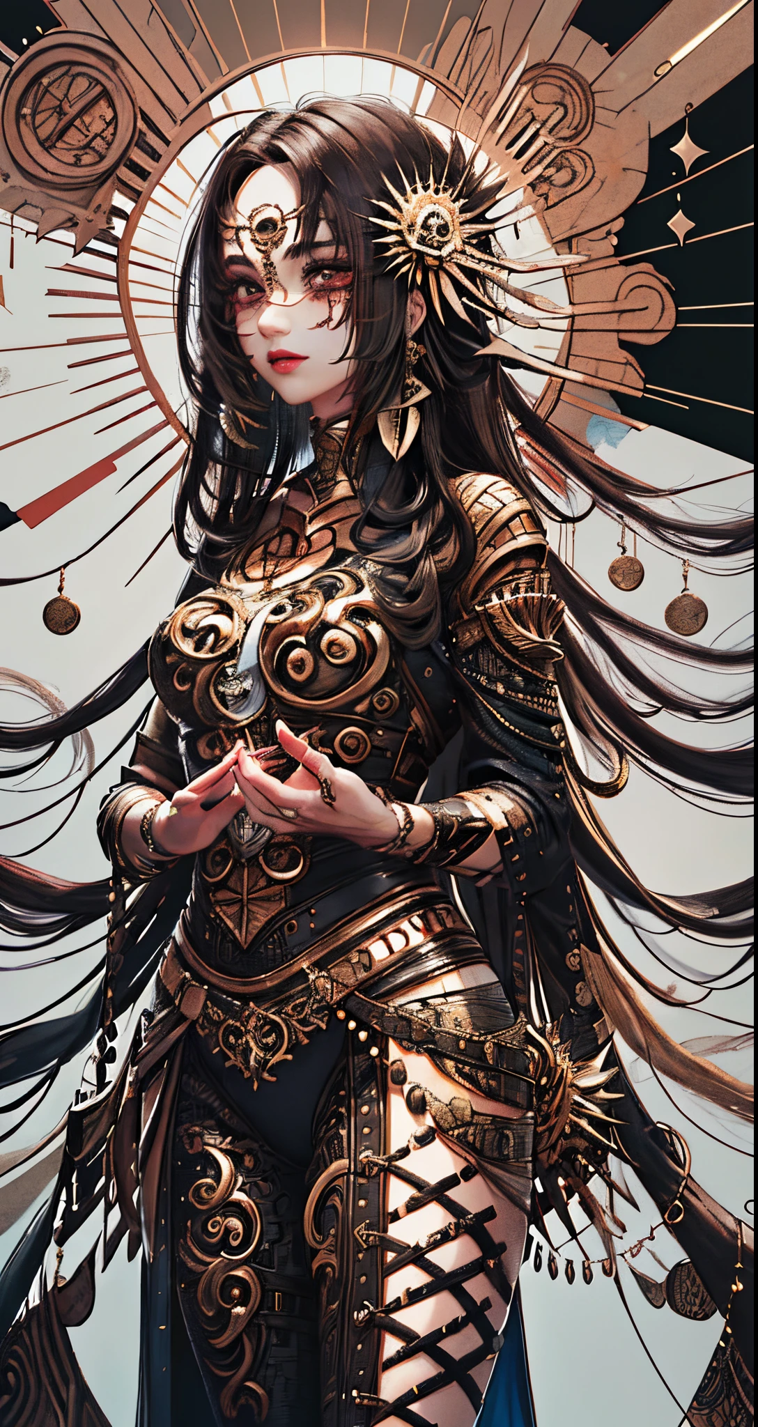 an image of a female Viking warrior, muscular and fierce, standing in a battle-scarred landscape with blood rain pouring down around her. She's got an 8-pack and is wielding a sword and shield, ready to take on whatever comes her way.