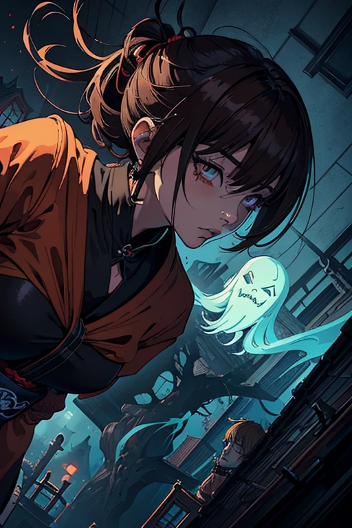 masterpiece, high resolution, ((Draft cartoon style)), ((wallpaper)), ((Diverse angles)), Comic Style Illustrations, (drawing style), Outline warm color, eerie, (Woman with Japanese ghost), horror factor, (Distinctive hair style), (Creative accessories), (individualistic atmosphere), (hair dyed brown), Eerie worldview, Suspicious atmosphere, dark fantasy, Fantasy Town, extra