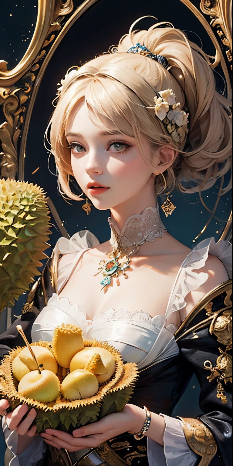 (masterpiece, top quality, best quality, official art, beautiful and aesthetic:1.2), (1girl holding durian), extreme detailed,(fractal art:1.3),colorful,highest detailed