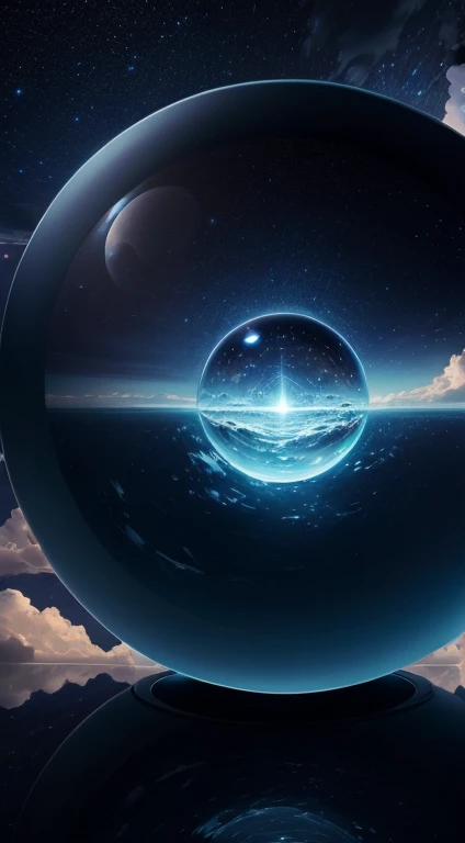 Bosch-style, a translucent sphere traps eerie clouds, the starsscape warps, time distorts, surrealism reigns, stars, Glowing, sparkling, light beams, time distortion