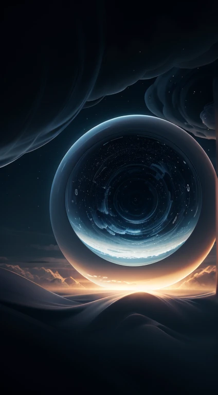 Bosch-style, a translucent sphere traps eerie clouds, the starsscape warps, time distorts, surrealism reigns, stars, Glowing, sparkling, light beams, time distortion