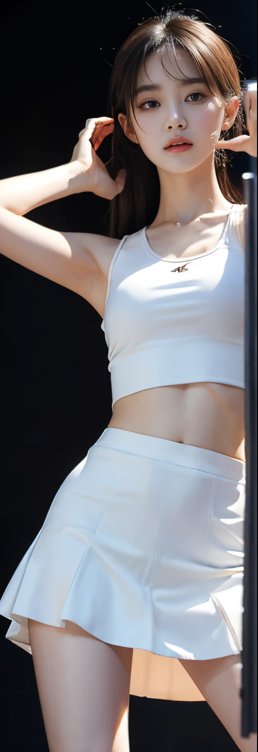 (Photorealistic),(Masterpiece),(ultra-detailed),a very pretty tall but very malnourished and feeble and absolutely skin and bones,have absolutely no fat,extremely small head,extremely thin and slim thighs and legs thinner than sticks,wearing a loose skirt and a tank top,171cm and 37kg,performing on a stage,20 year old idol member girl, has eaten almost nothing for a month due to how busy she is, somehow staying bright despite being extremely exhausted and hungry, feels like she could faint instantly but stays bright for her fans