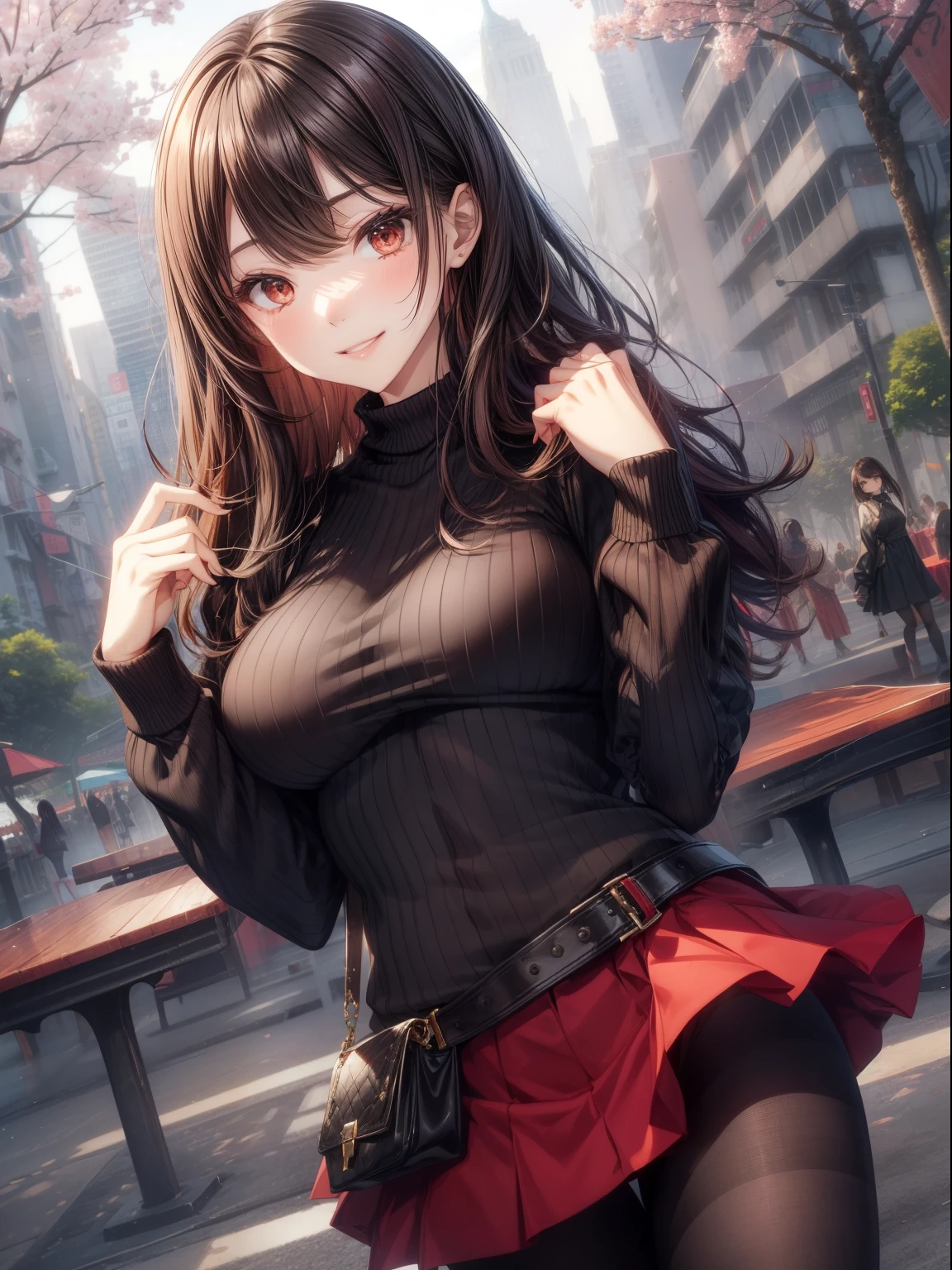 top-quality、Full limbs、complete fingers、Slender beauty、Women with straight hair、(Brown-haired woman)、Women with medium hair、(Beautiful busty woman:1.3)、black knit tops、Red mini flared skirt、Black pantyhose、Naughty Poses、a park、A big smile