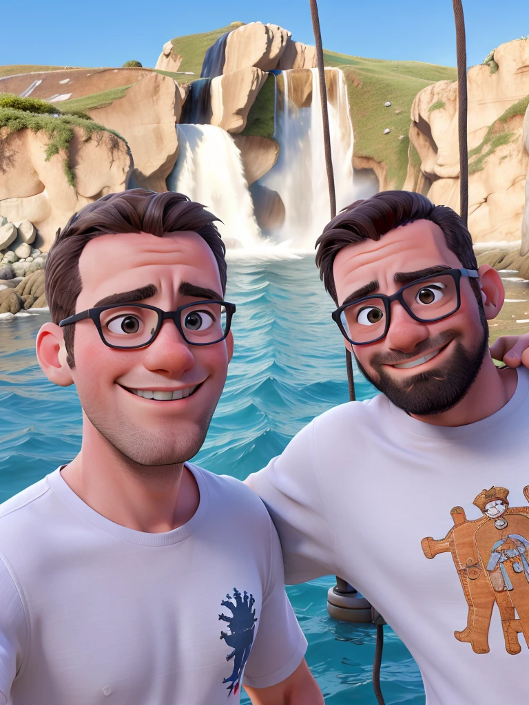 Deux hommes, devant un cascade en mer.