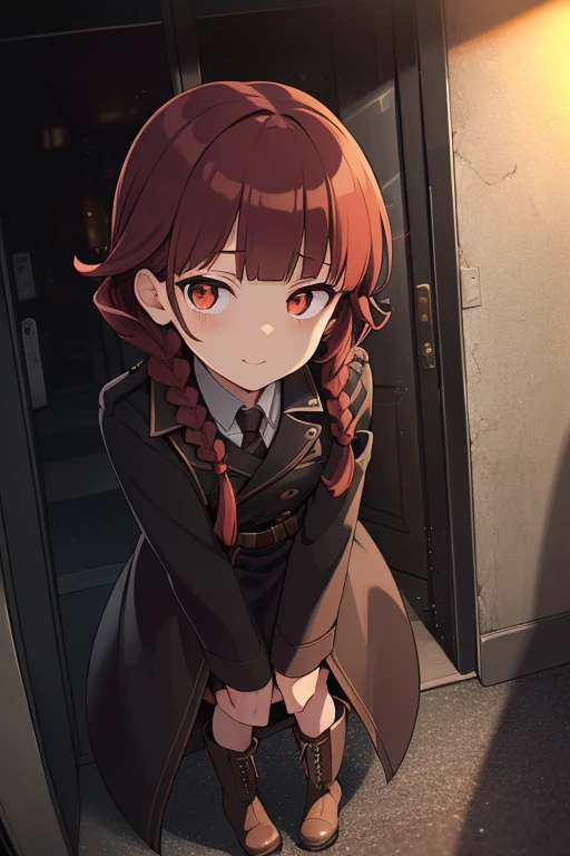 crouching down, tie shoelaces, From  above, full bodyesbian, Sexy legs,fluffy hair,Red hair,((Braided shorthair)),Slightly red tide,((Gold eyes)),(Black military uniform), Staring at me, Smile with a kind face, ,((a dark night)),((dark apartment late at night)),(((Trembling girl ))),(Brown boots),((In front of the front door of an old apartment)),(A dimly lit ruin where the light bulbs are about to go out.),(aisle),((In front of the entrance)),((black long trench coat)),swollen face,A face that looks like it's turned away,((Perspective from above)),