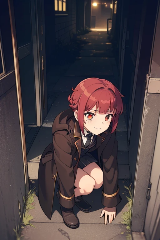 crouching down, tie shoelaces, From  above, full bodyesbian, Sexy legs,fluffy hair,Red hair,((Braided shorthair)),Slightly red tide,((Gold eyes)),(Black military uniform), Staring at me, Smile with a kind face, ,((a dark night)),((dark apartment late at night)),(((Trembling girl ))),(Brown boots),((In front of the front door of an old apartment)),(A dimly lit ruin where the light bulbs are about to go out.),(aisle),((In front of the entrance)),((black long trench coat)),swollen face,A face that looks like it's turned away,((Perspective from above)),