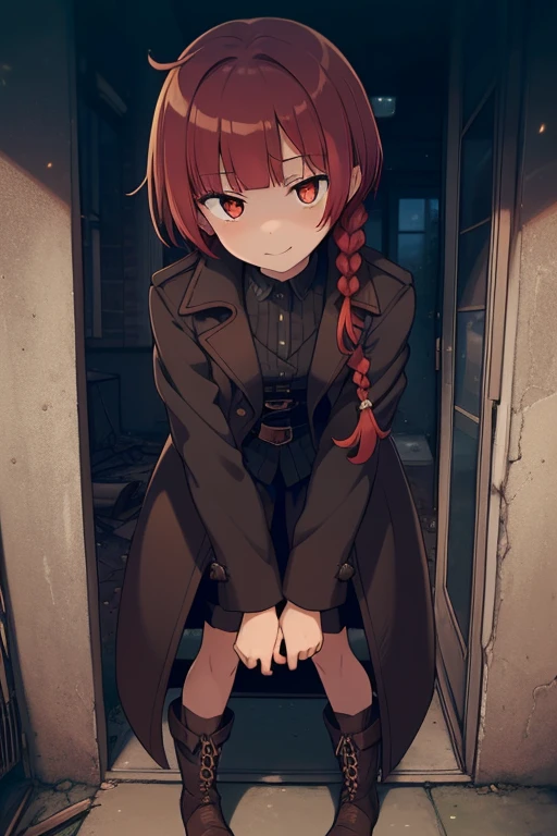 crouching down, tie shoelaces, From  above, full bodyesbian, Sexy legs,fluffy hair,Red hair,((Braided shorthair)),Slightly red tide,((Gold eyes)),(Black military uniform), Staring at me, Smile with a kind face, ,((a dark night)),((dark apartment late at night)),(((Trembling girl ))),(Brown boots),((In front of the front door of an old apartment)),(A dimly lit ruin where the light bulbs are about to go out.),(aisle),((In front of the entrance)),((black long trench coat)),swollen face,A face that looks like it's turned away,((Perspective from above)),