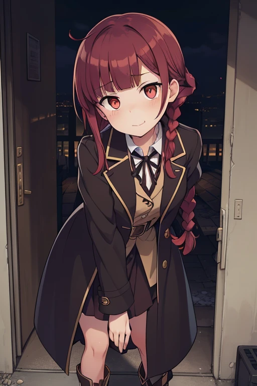 crouching down, tie shoelaces, From  above, full bodyesbian, Sexy legs,fluffy hair,Red hair,((Braided shorthair)),Slightly red tide,((Gold eyes)),(Black military uniform), Staring at me, Smile with a kind face, ,((a dark night)),((dark apartment late at night)),(((Trembling girl ))),(Brown boots),((In front of the front door of an old apartment)),(A dimly lit ruin where the light bulbs are about to go out.),(aisle),((In front of the entrance)),((black long trench coat)),swollen face,A face that looks like it's turned away,((Perspective from above)),