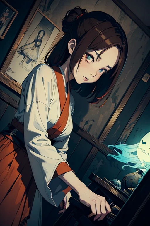 masterpiece, high resolution, ((Draft cartoon style)), ((wallpaper)), ((Diverse angles)), Comic Style Illustrations, (drawing style), Outline warm color, eerie, (Woman with Japanese ghost), horror factor, (Distinctive hair style), (Creative accessories), (individualistic atmosphere), (hair dyed brown), Eerie worldview, Suspicious atmosphere, dark fantasy, Fantasy Town, extra