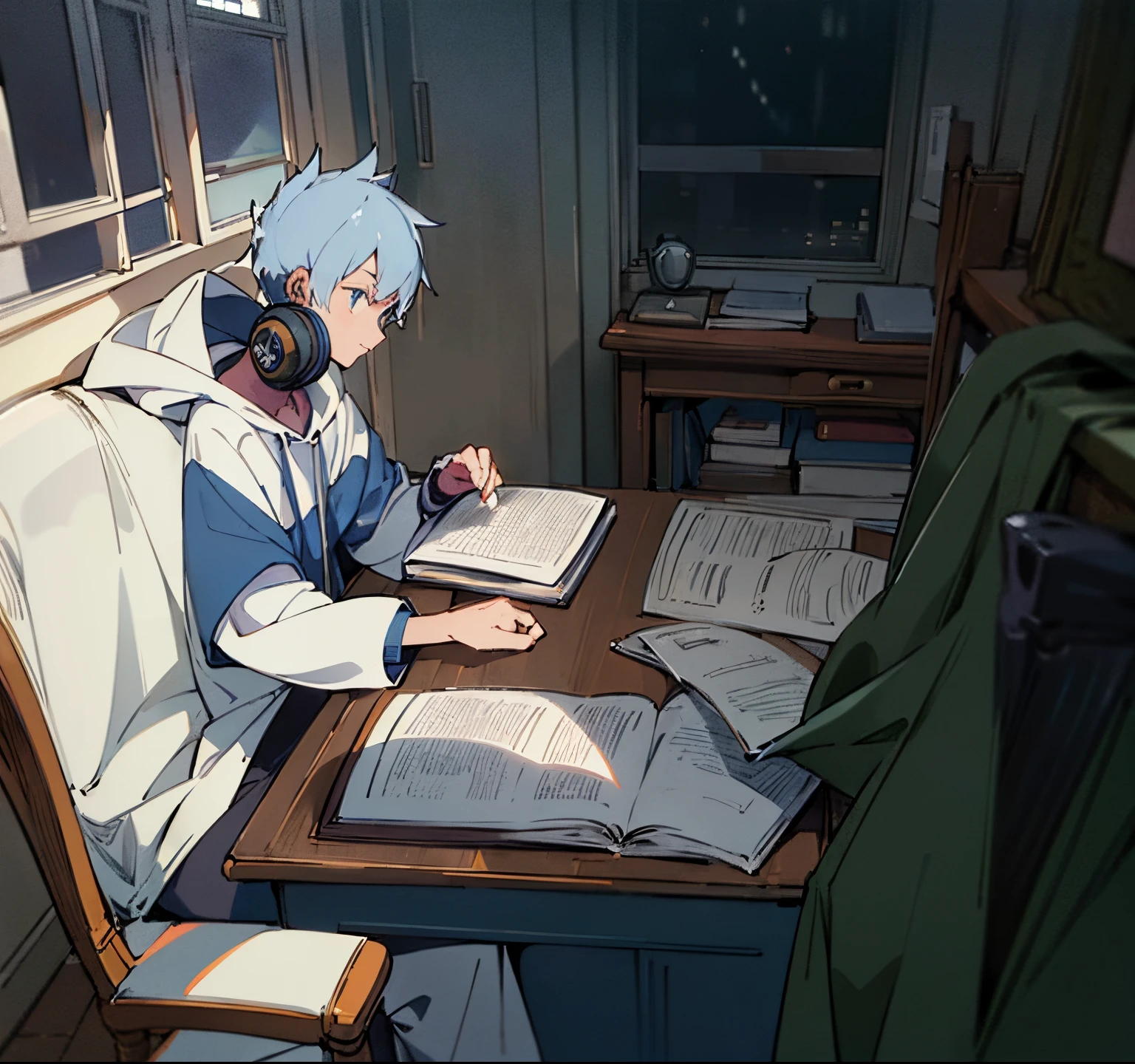 a boy with navy blue hoddie , white hair , and fair face, and headphones on his ears studying seriously on a desk with a laptop , coffee , book ,and a plie of book on his desk with a pen in his hand sitting on a chair looking Downwards towards the book with a window and dark outside with a view of buildings and