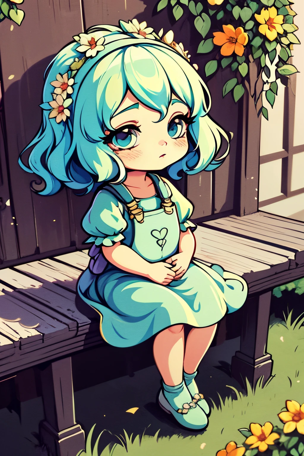 (best quality,4k,highres,masterpiece:1.2),cute chibi girl,beautiful detailed eyes,beautiful detailed lips,extremely detailed eyes and face,long eyelashes,1girl,garden,flowers,sunlight,greenery,flower crown,adorable expression,soft pastel colors,peaceful atmosphere,gardener wearing overalls,pot with flower,serene mood,beautiful background,exquisite details,blissful girl,harmonious composition,vibrant blooms,variety of colorful flowers,delicate petals,tranquil setting,natural beauty,lovely girl,enchanting garden,surrounded by flowers,majestic sunflowers,dainty daisies,lush foliage,butterflies fluttering,fresh air,elegant posture,joyful scene,magical feeling,serenity in nature