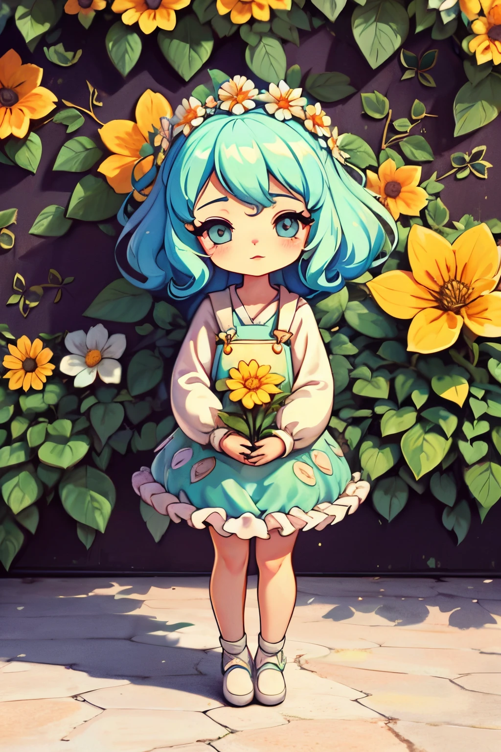 (best quality,4k,highres,masterpiece:1.2),cute chibi girl,beautiful detailed eyes,beautiful detailed lips,extremely detailed eyes and face,long eyelashes,1girl,garden,flowers,sunlight,greenery,flower crown,adorable expression,soft pastel colors,peaceful atmosphere,gardener wearing overalls,pot with flower,serene mood,beautiful background,exquisite details,blissful girl,harmonious composition,vibrant blooms,variety of colorful flowers,delicate petals,tranquil setting,natural beauty,lovely girl,enchanting garden,surrounded by flowers,majestic sunflowers,dainty daisies,lush foliage,butterflies fluttering,fresh air,elegant posture,joyful scene,magical feeling,serenity in nature