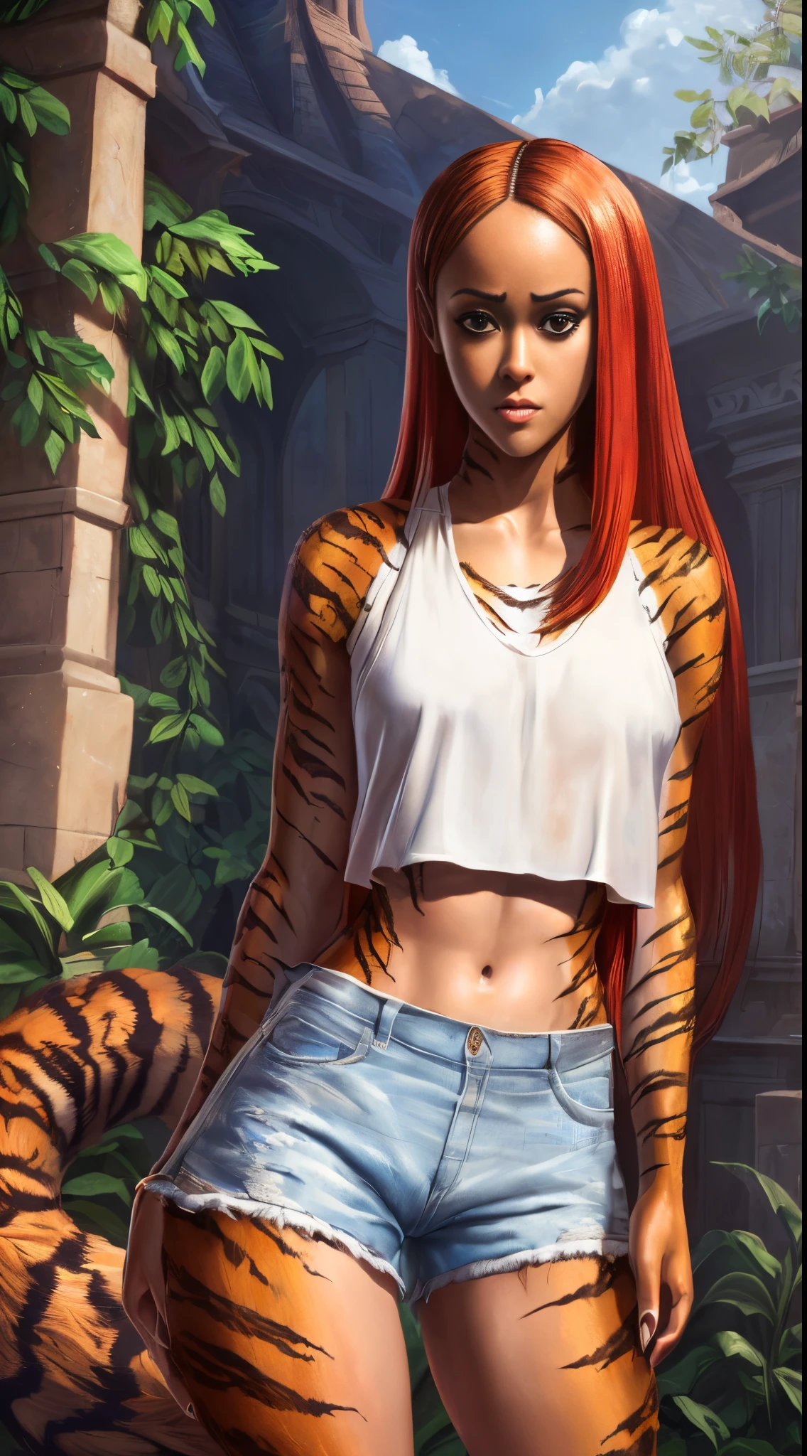 actress ((Nathalie Emmanuel)), 1girl, solo, human head, pretty human face, (tiger fur:1.4), (tiger skin:1.1), (tiger tail:1.3), (orange fur), white fur, (red long straight hair:1.4), sharp claws, set of fangs, wearing white crop top, blue crop shorts, intricate, high detail, sharp focus, dramatic, photorealistic painting art by greg rutkowski