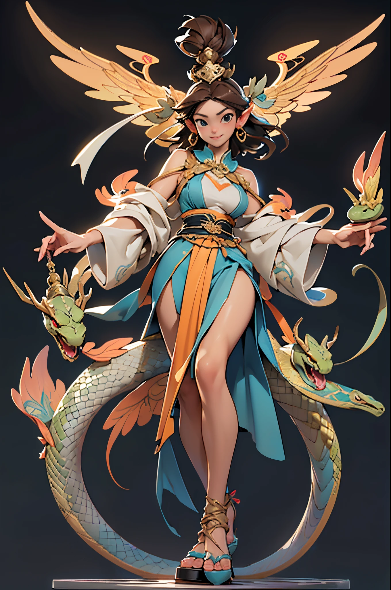 ((Sculpture design))，((full body portrait of person))，((undying))，((tmasterpiece))，(entire body image:1.6，fully body photo:1.6，From the feet to the top of the head:1.6)，【Create a logo based on：femele，Goddess in Chinese mythology(Nu wa，goddess with human body and snake tail：1.5)，(Lots of pythons around:1.6)，(Goddess Fan，A MILF，熟妇，mature，big chest and thin waist，long leges)，(gentleness)，(motherly)，(Perfect woman)，(Brown hair long:1.4)，pointy ears，big earrings，graceful stance，Dunhuang clothes，Dunhuang skirt，((Headgear symbolizing the gods))】，((Fluttering skirts))，(Computer graphic arts:1.4)， (s fractal art: 1.2)，(( 32K，A high resolution，hyper HD，))， (( Professional Quality，Perfect photography， Ray traching， perfect volumetric lighting， High quality octane rendering， High quality vectors))， ((hyper-detailing:1.2，Complicated details:1.2))， ((ultra real photo，フォトリアリスティック，3Drenderingof))，((epic image))，(Blind box toy style：1.6)，((simple backgound，Deep dark background:1.2，with black background))，Detailed faces，詳細な目，Clean skin，（correct hand：1.6），（Complete and beautiful five fingers：1.6），（Anatomical model head-to-body proportions:1.6），(Anatomically correct perspective and occlusion：1.5)，（Correct anatomy：1.5），(Add base:1.6)，(Tangled pedestal:1.6)，(The role is centered:1.4)，