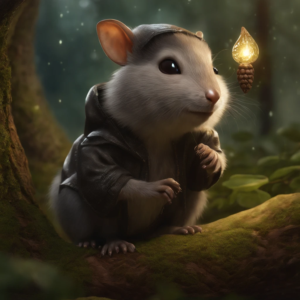 真实感, Realism, Close up of cute tiny fireflies around a huge oak tree, Morning lighting, dew, illuminate the bush, a detailed painting, cgsociety, Detailed painting, artstation hd, high detail, cgsociety, photo realism, Concept art, artstation hd, official arts, bokeh ,gremlin, mole-like, wearing a hooded sweatshirt, bright silver and brown, long tail, large ears, covered with silver fur, water, stands on the shore, Best Quality, Masterpiece, in style of dark fantasy art, gremlin, mole-like, holding a huge acorn in his paws, bright silver and brown, long tail, elongated nose,,, huge ears, covered with silver fur,tousled, five toes on each paw, holding a huge acorn in his paws, I'm standing in a forest clearing under the foliage of bast., acorns lie in the clearing, acorns glow, Crickets fly, Best Quality, Masterpiece, in style of dark fantasy art, fantasy-inspired, in the style of John Tolkien, (CBZBB:1.25), ((gremlin),Zhkute, Small, baby, Beautiful, Fantasy art, deviant art, trending artstation, Digital Art, Detailed, Realistic, humanoid, character, tiny, Cinematic shot, cinematic portrait of a mole, naturalist, huge oak roots, entrance to the pit, Fireflies,