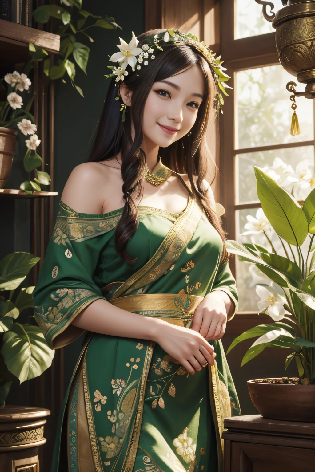 best quality, masterpiece, highres, detailed,
(anthropomorphic plant girl, motif is jasmine flower), smile,
an extremely delicate and beautiful,