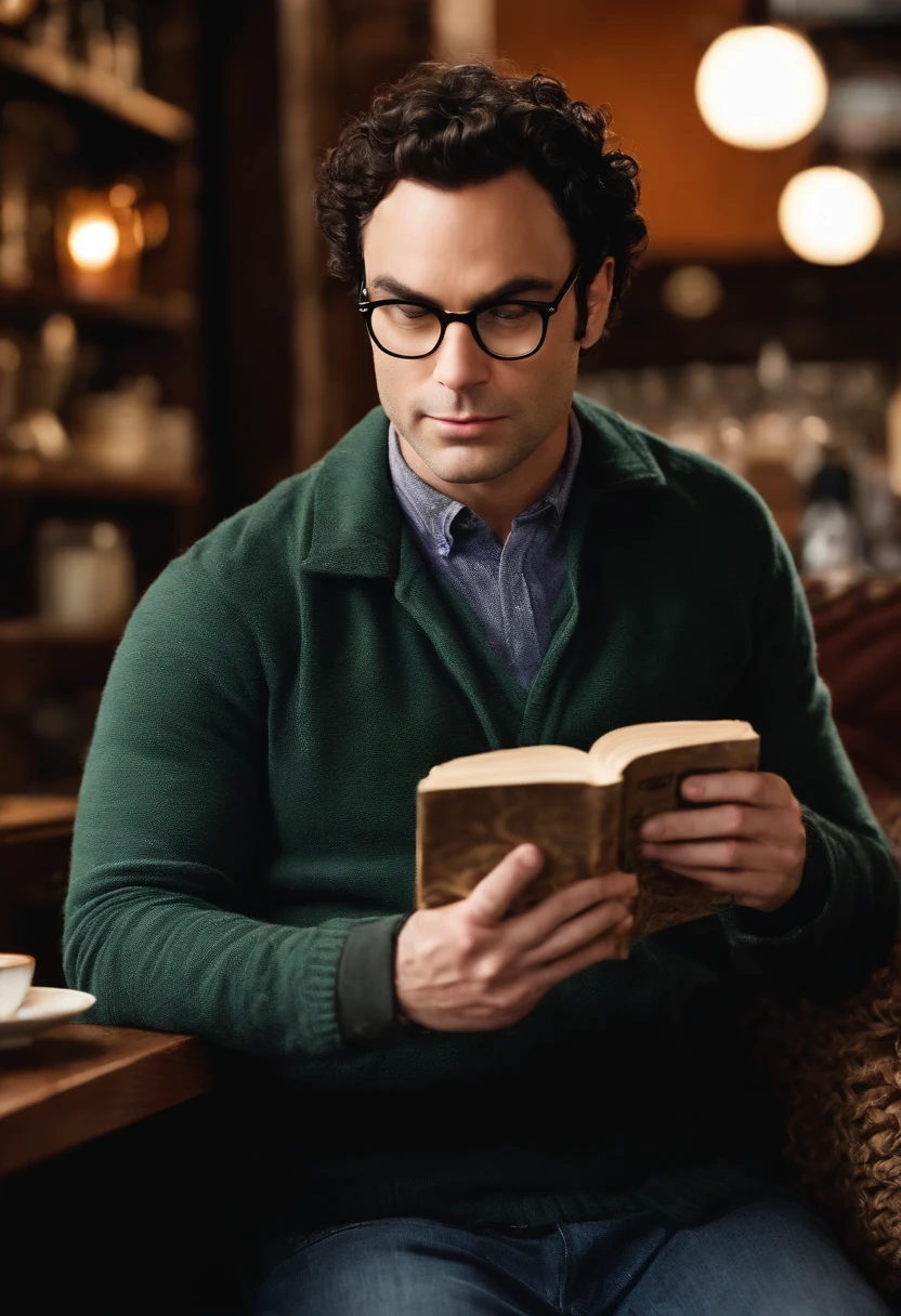 An image of Leonard sitting at a cozy coffee shop, sipping on a hot chocolate and reading a classic history book.,The Big Bang Theory,Leonard is short with curly black hair and glasses, portrayed by Johnny Galecki, male