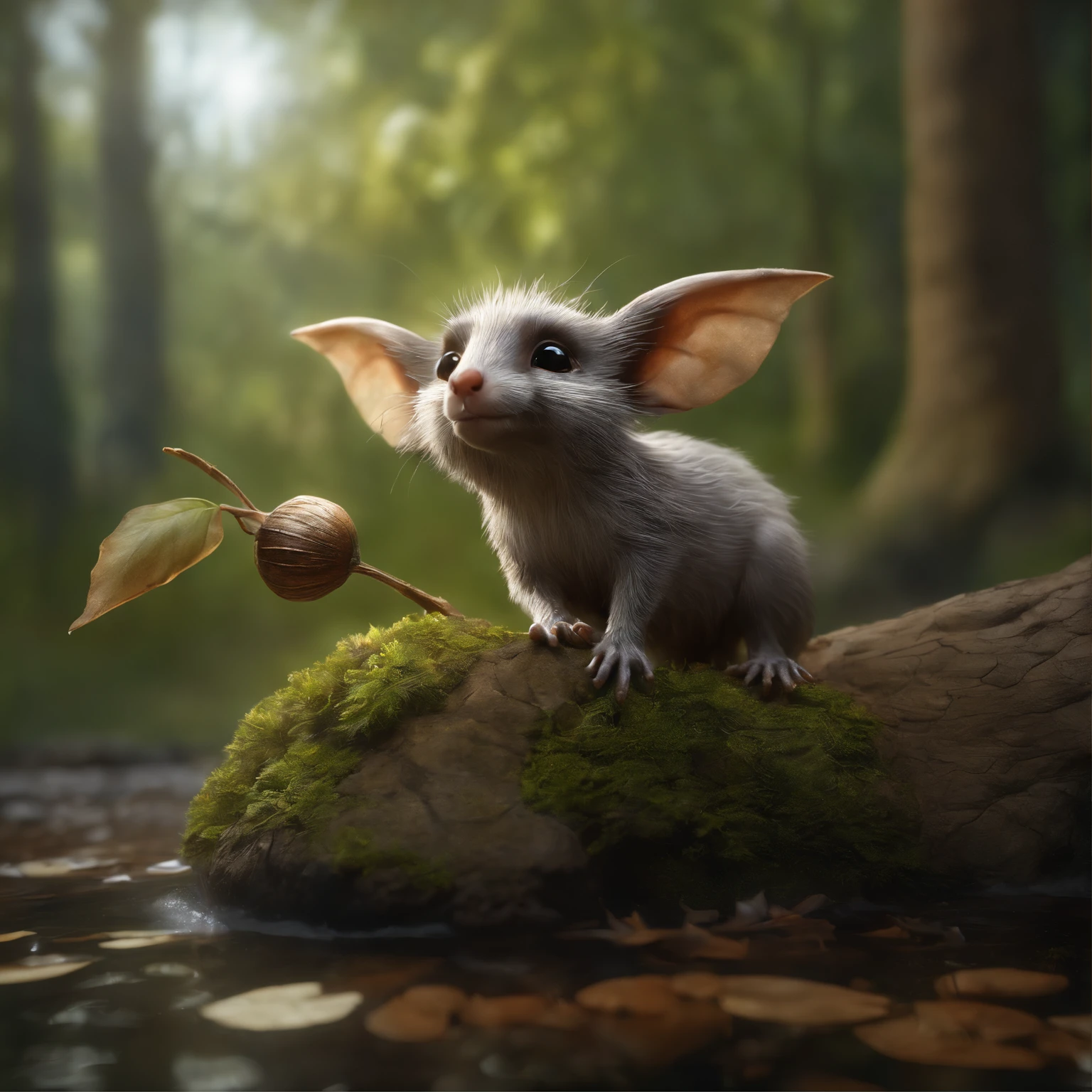 真实感, Realism, Close up of cute tiny fireflies around a huge oak tree, Morning lighting, dew, illuminate the bush, a detailed painting, cgsociety, Detailed painting, artstation hd, high detail, cgsociety, photo realism, Concept art, artstation hd, official arts, bokeh ,gremlin, mole-like, bright silver and brown, long tail, large ears, covered with silver fur, water, stands on the shore, Best Quality, Masterpiece, in style of dark fantasy art, gremlin, mole-like, holding a huge acorn in his paws, bright silver and brown, long tail, elongated nose,, huge ears, covered with silver fur,tousled, five toes on each paw, holding a huge acorn in his paws, I'm standing in a forest clearing under the foliage of bast., acorns lie in the clearing, acorns glow, Crickets fly, Best Quality, Masterpiece, in style of dark fantasy art, fantasy-inspired, in the style of John Tolkien, (CBZBB:1.25), ((gremlin),Zhkute, Small, baby, Beautiful, Fantasy art, deviant art, trending artstation, Digital Art, Detailed, Realistic, humanoid, character, tiny, Cinematic shot, cinematic portrait of a mole, naturalist, huge oak roots, entrance to the hole, Fireflies,