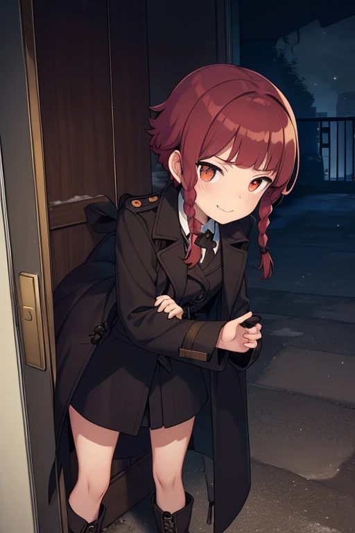 crouching down, tie shoelaces, From  above, full bodyesbian, Sexy legs,fluffy hair,Red hair,((Braided shorthair)),Slightly red tide,((Gold eyes)),(Black military uniform), Staring at me, Smile with a kind face, ,((a dark night)),((dark apartment late at night)),(((Trembling girl ))),(Brown boots),((In front of the front door of an old apartment)),(A dimly lit ruin where the light bulbs are about to go out.),(aisle),((In front of the entrance)),((black trench coat)),swollen face,A face that looks like it's turned away,