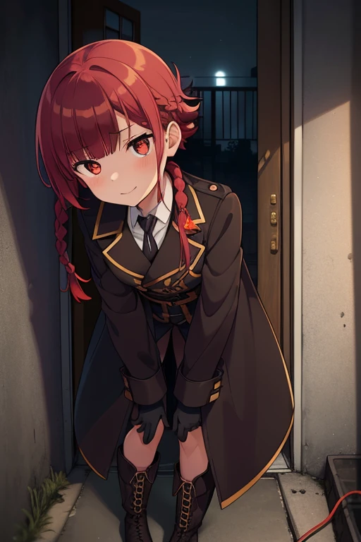 crouching down, tie shoelaces, From  above, full bodyesbian, Sexy legs,fluffy hair,Red hair,((Braided shorthair)),Slightly red tide,((Gold eyes)),(Black military uniform), Staring at me, Smile with a kind face, ,((a dark night)),((dark apartment late at night)),(((Trembling girl ))),(Brown boots),((In front of the front door of an old apartment)),(A dimly lit ruin where the light bulbs are about to go out.),(aisle),((In front of the entrance)),((black trench coat)),swollen face,A face that looks like it's turned away,