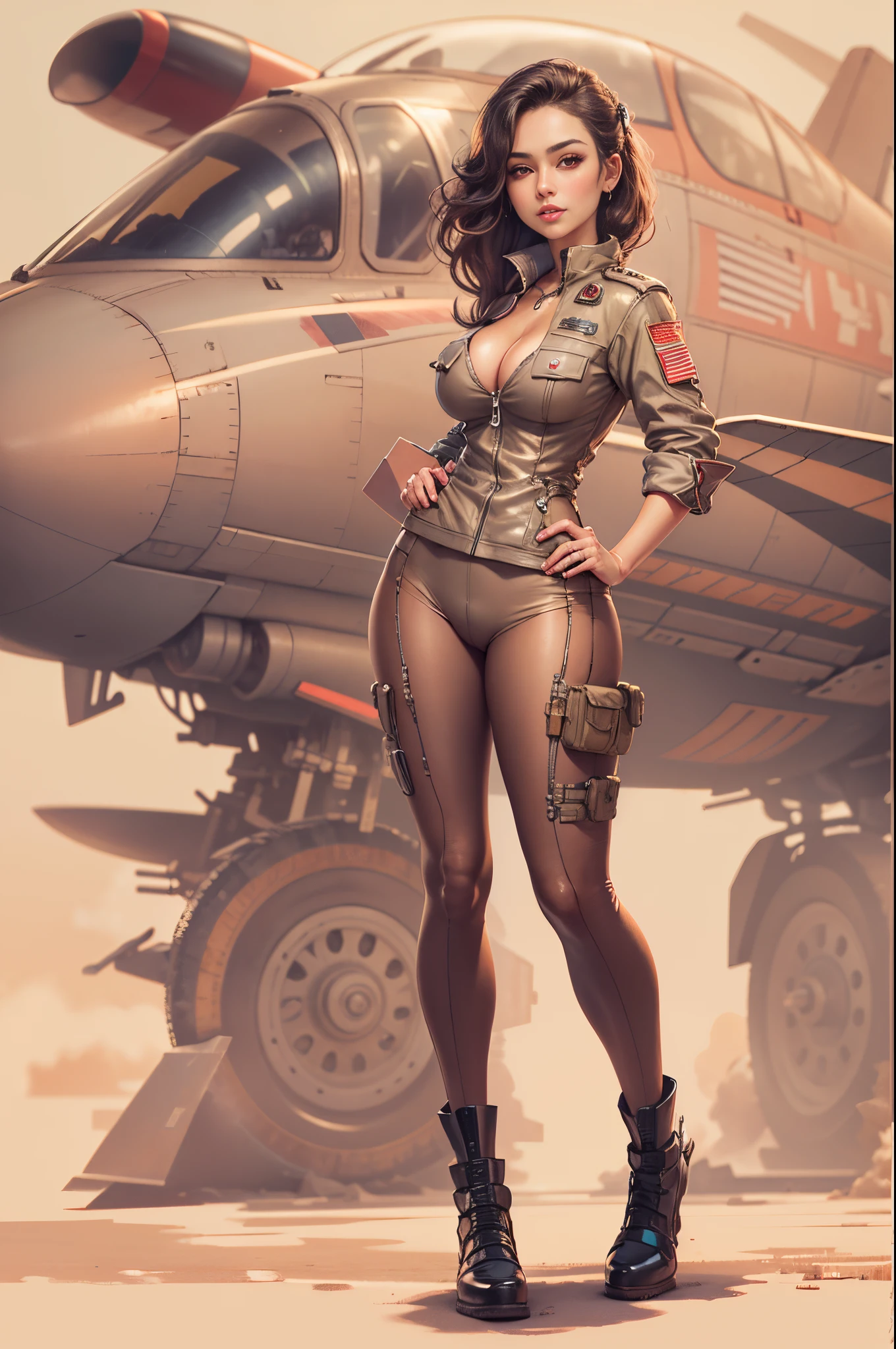 Different mood busty American with large eyes woman large eyes with very two long hair, showing cleavage,smiling, showing cleavage army dress open zip style, Portrait: Heaven soft liquid Opal opulence Elsa,full body view, smooth fit, oily skin, wearing sexy army pilot dress,DSLR, F/2.8, 5D, 16k, hip be Super-Resolution . realistic style, key visual, vibrant, studio, showing cleavage, realistic, highly detailed A smile whimsical full body view girl with a background of war jet , standing sharp look with saggy breast showing cleavage, wide eyes, pink lips,, wide hips, perfect anatomy, illuminated face, detailed face, perfect eyes, detailed eyes, golden ratio, perfect fingers. Breathtaking, masterpiece, high definition, accent lighting, contrasted with bright paint colors, intricate details, highly detailed, professional, sleek, modern, standing with legs wide, confident pose, fist on hips,