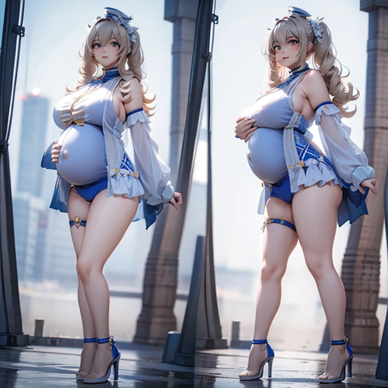 Full body, pregnant, huge belly, huge breasts, thick thighs, very thight clothes, high heels, best quality