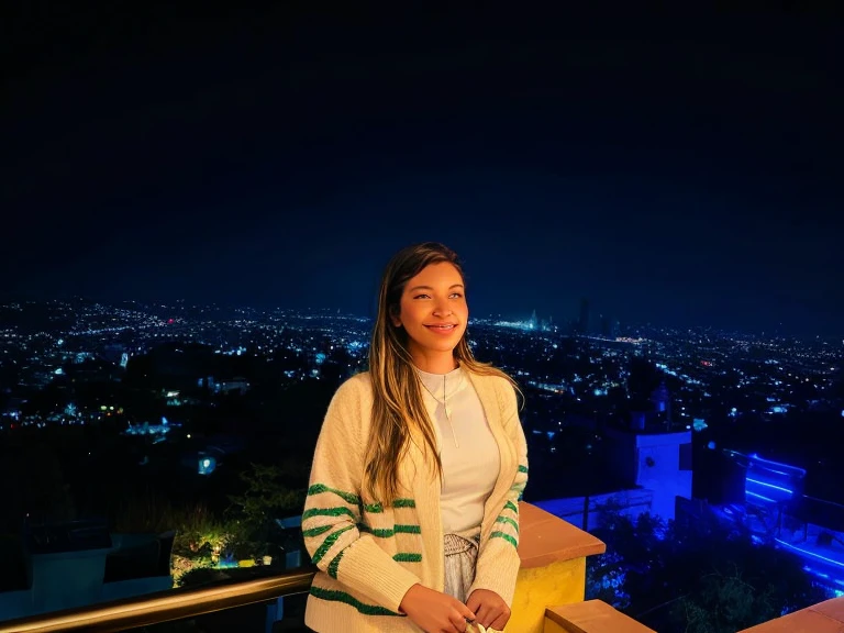 arafed woman standing on a balcony overlooking a city at night, at night time, at nighttime, at night with lights, with glowing lights at night, city lights in the background, with a city in the background, hills in the background, city in the background, night view, at night with neon lights, on rooftop, paradise in the background