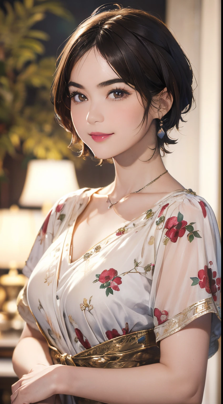 124
(a 20 yo woman,Art Works), (A hyper-realistic), (high-level image quality), ((beautiful hairstyle 46)), ((short-hair:1.46)), (Gentle smile), (brest:1.1), (lipsticks), (florals), (Luxurious room), (Depth of field is deep), (Have a dog)