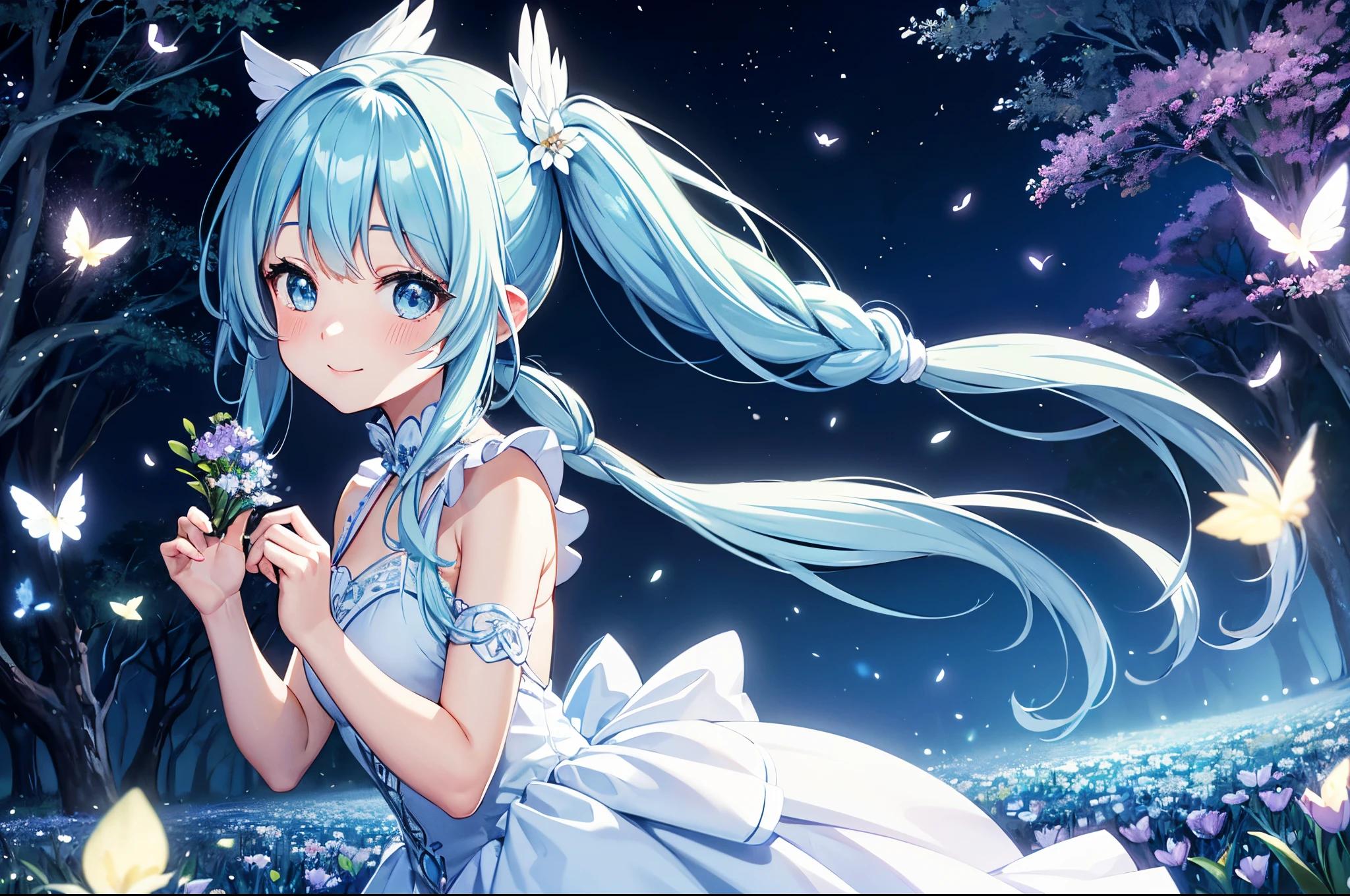 Dynamic Angle、 within a magical forest, a mystical fairy girl emerges, Light blue long hair、Hairstyle is Twintails、adorable smiling、Moonlight twinkle,  flower bloom、A big pure white owl is flying、、The tree々While flapping its wings in the sparkling fireflies, Many beautiful flowers are blooming、fantastic landscape、A sky full of stars twinkles、 Creating a field where dreams and reality intersect，