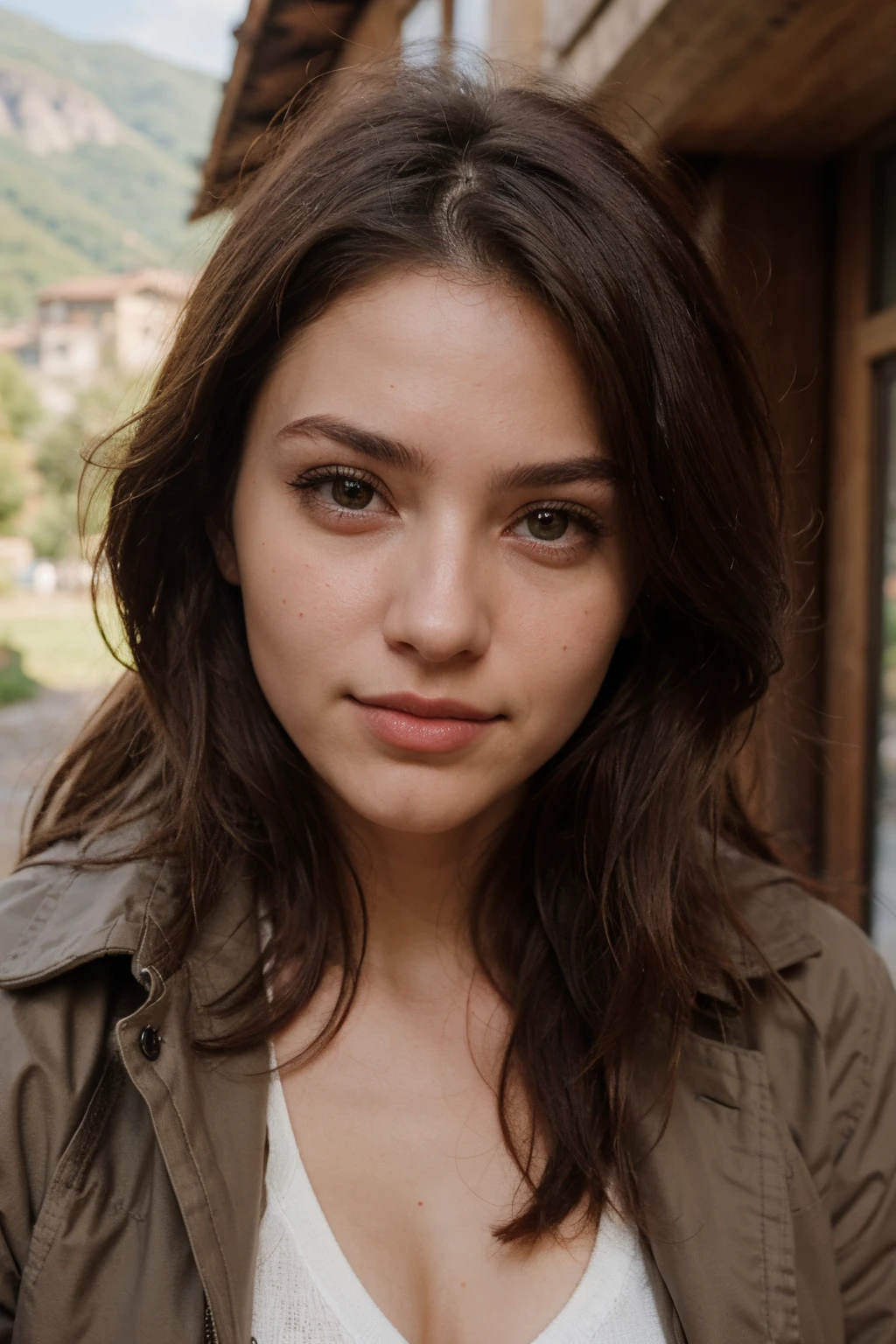 Female 22 years old. long brown hair. labios gruesos. color de ojos verdes. carita bonita, in the mountains with a brown coat. Feliz. Abriendo los brazos y saltando