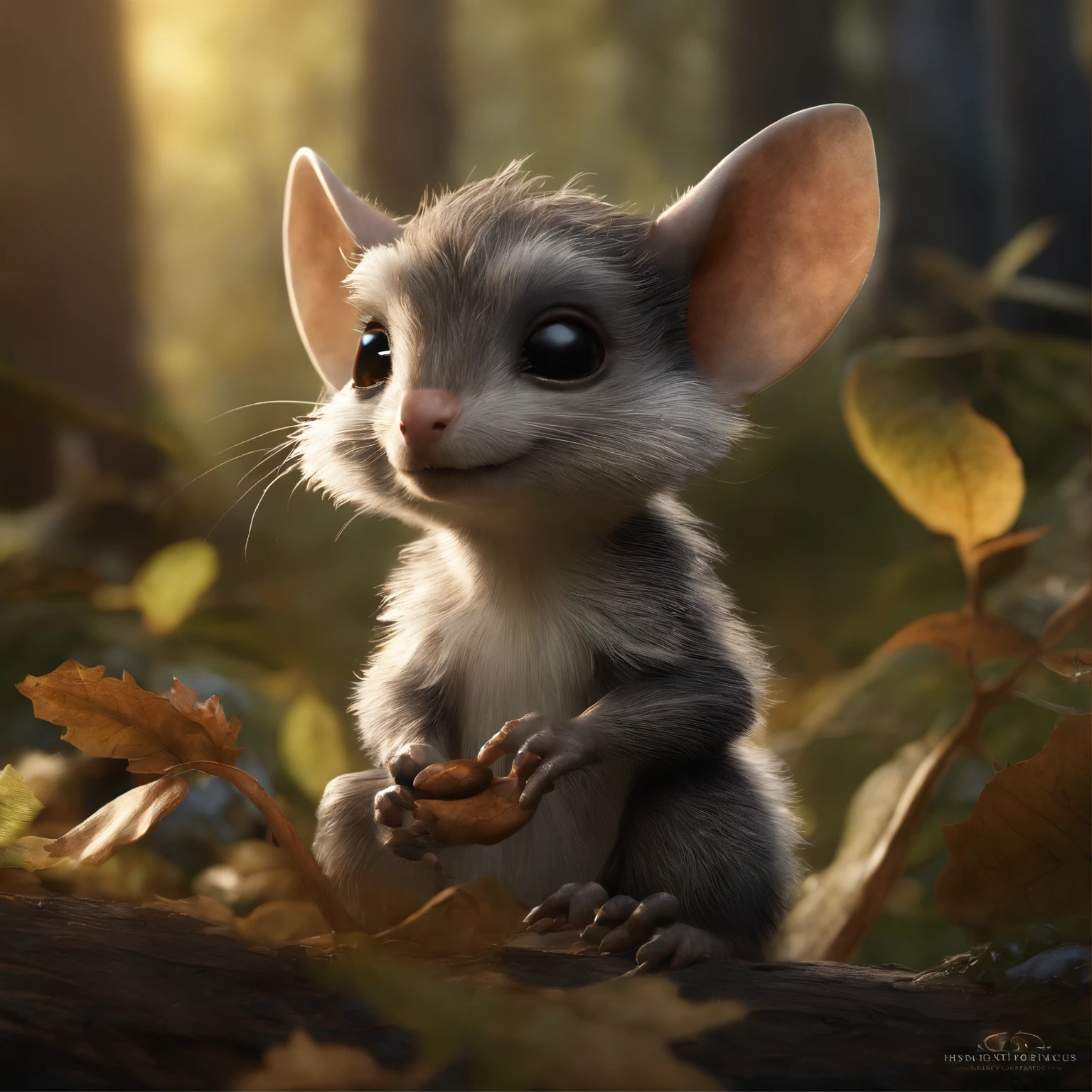 真实感, Realism, Close up of cute tiny fireflies around a huge oak tree, Morning lighting, dew, illuminate the bush, a detailed painting, cgsociety, Detailed painting, artstation hd, high detail, cgsociety, photo realism, Concept art, artstation hd, official arts, bokeh ,gremlin, mole-like, bright silver and brown, long tail, large ears, covered with silver fur, water, stands on the shore, Best Quality, Masterpiece, in style of dark fantasy art, gremlin, mole-like, holding a huge acorn in his paws, bright silver and brown, long tail, elongated nose,, huge ears, covered with silver fur,tousled, five toes on each paw, holding a huge acorn in his paws, I'm standing in a forest clearing under the foliage of bast., acorns lie in the clearing, acorns glow, Crickets fly, Best Quality, Masterpiece, in style of dark fantasy art, fantasy-inspired, in the style of John Tolkien, (CBZBB:1.25), ((gremlin),Zhkute, Small, baby, Beautiful, Fantasy art, deviant art, trending artstation, Digital Art, Detailed, Realistic, humanoid, character, tiny, Cinematic shot, cinematic portrait of a mole, naturalist, huge oak roots, entrance to the hole, Fireflies,