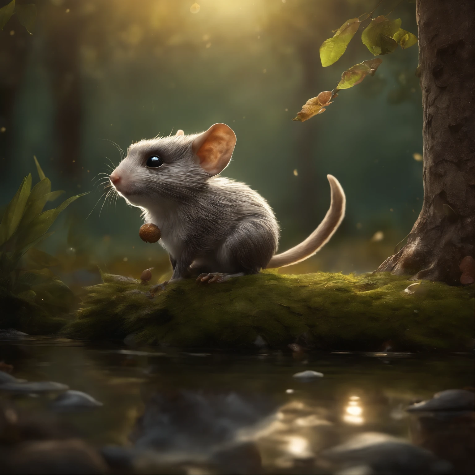 真实感, Realism, Close up of cute tiny fireflies around a huge oak tree, Morning lighting, dew, illuminate the bush, a detailed painting, cgsociety, Detailed painting, artstation hd, high detail, cgsociety, photo realism, Concept art, artstation hd, official arts, bokeh ,gremlin, mole-like, bright silver and brown, long tail, large ears, covered with silver fur, water, stands on the shore, Best Quality, Masterpiece, in style of dark fantasy art, gremlin, mole-like, holding a huge acorn in his paws, bright silver and brown, long tail, elongated nose,, huge ears, covered with silver fur,tousled, five toes on each paw, holding a huge acorn in his paws, I'm standing in a forest clearing under the foliage of bast., acorns lie in the clearing, acorns glow, Crickets fly, Best Quality, Masterpiece, in style of dark fantasy art, fantasy-inspired, in the style of John Tolkien, (CBZBB:1.25), ((gremlin),Zhkute, Small, baby, Beautiful, Fantasy art, deviant art, trending artstation, Digital Art, Detailed, Realistic, humanoid, character, tiny, Cinematic shot, cinematic portrait of a mole, naturalist, huge oak roots, entrance to the hole, Fireflies,